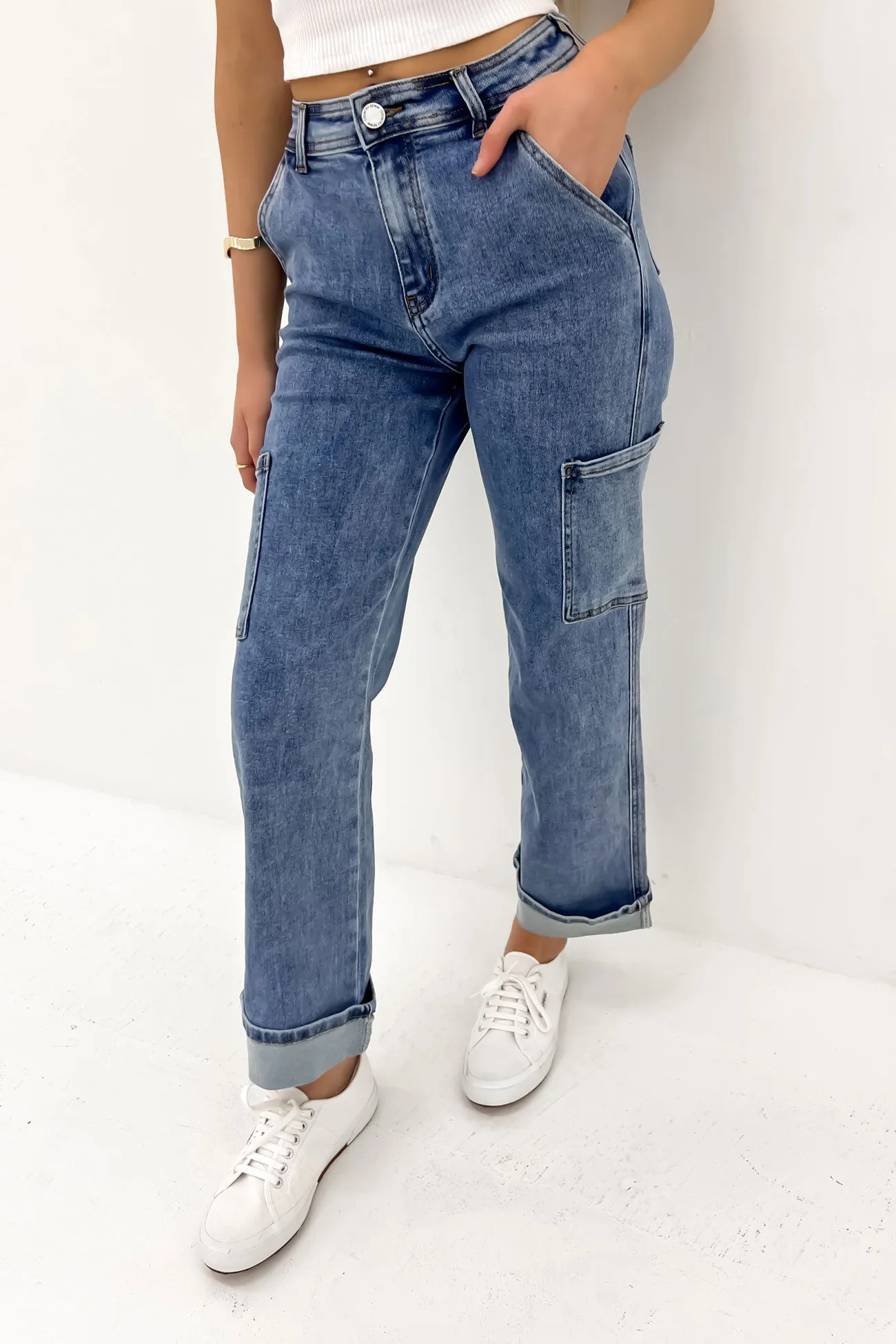 Low Bulk Joshua Denim Cargo Pant Mid Blue