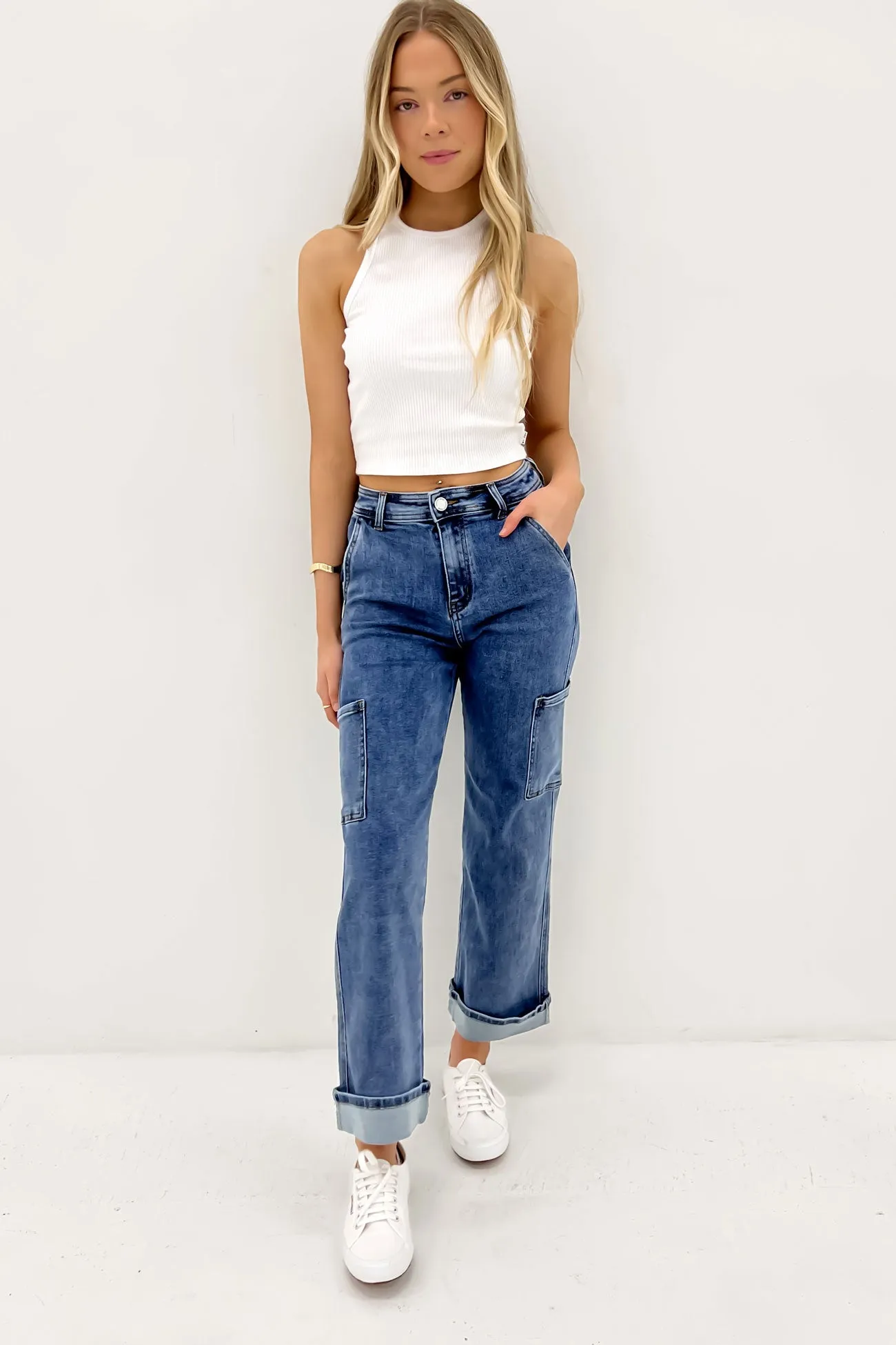 Smooth Fabric SeamlessConstruction Joshua Denim Cargo Pant Mid Blue