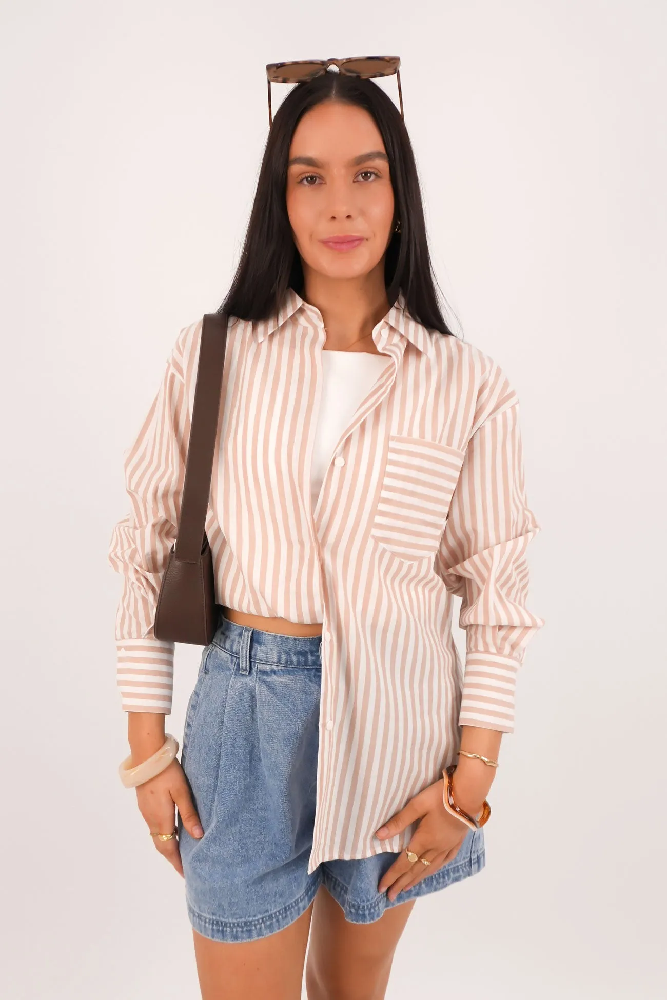 Kayla Shirt Latte Stripe Raw edge