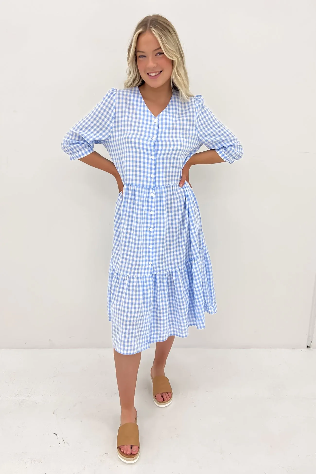 Kaylah Midi Dress Blue Gingham Chilly Day Layers