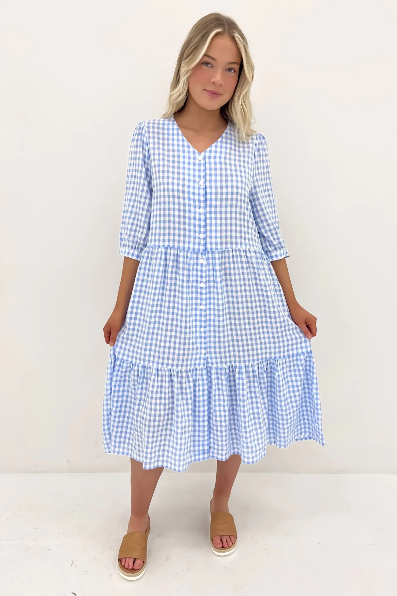 Kaylah Midi Dress Blue Gingham Crinkle Effect