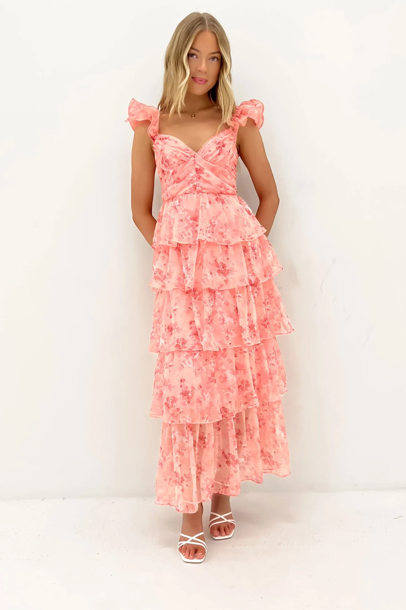 Keelan Maxi Dress Pink Balanced Shape Mesh-Detail