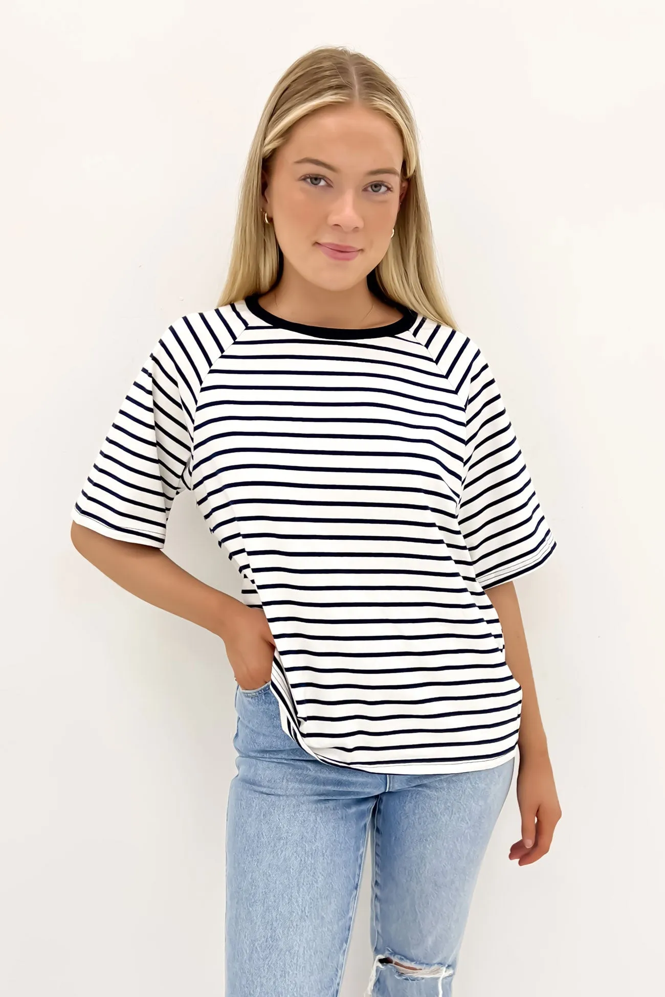 Kenji Tee Navy Stripe Distressed Hem Finish Casual Choice