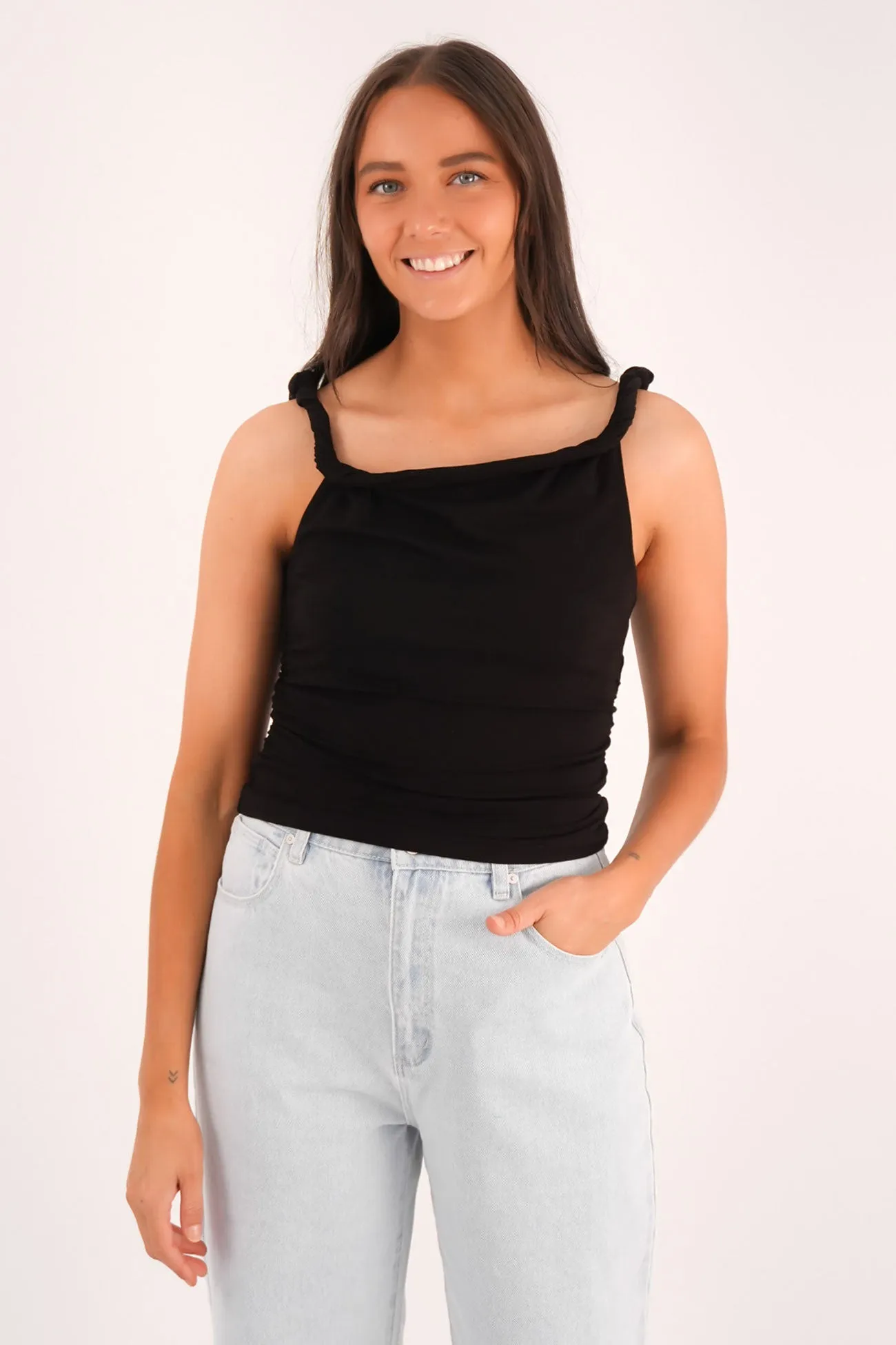 Evie Twist Tank Black Enhanced Durability Fabric