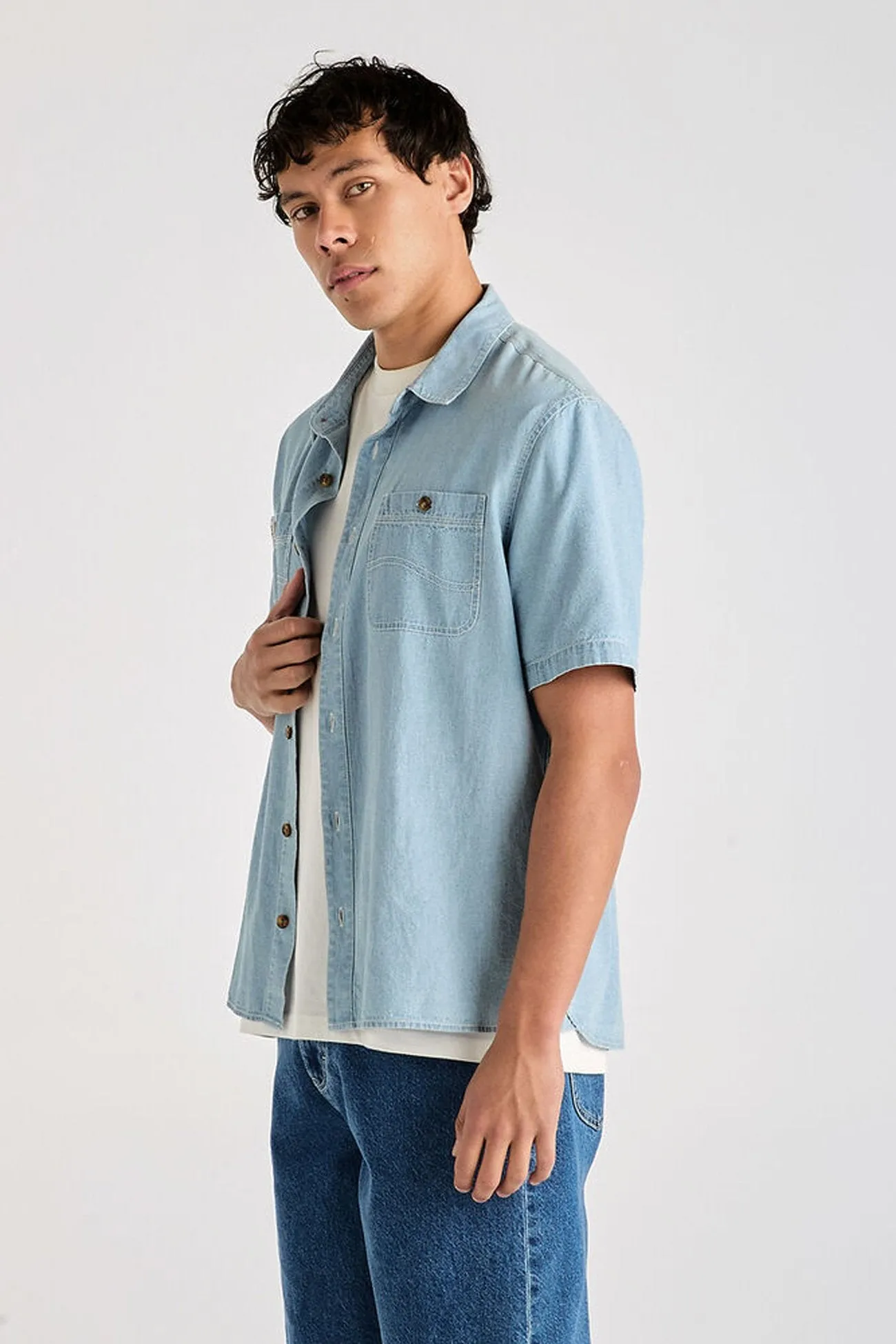 Indoor Comfort Lee Workers Short Sleeve Shirt Washed Chambray