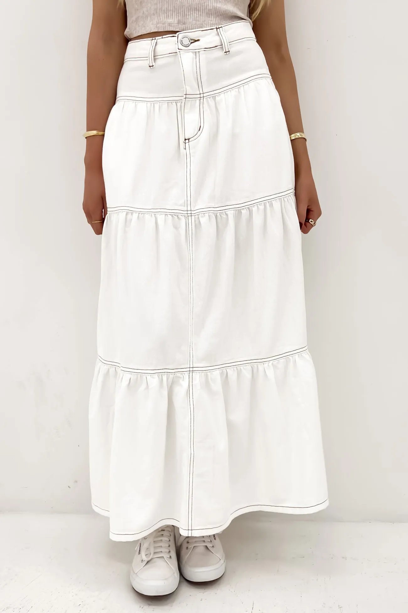 Leela Denim Midi Skirt White Heritage Inspired Gentle Comfort
