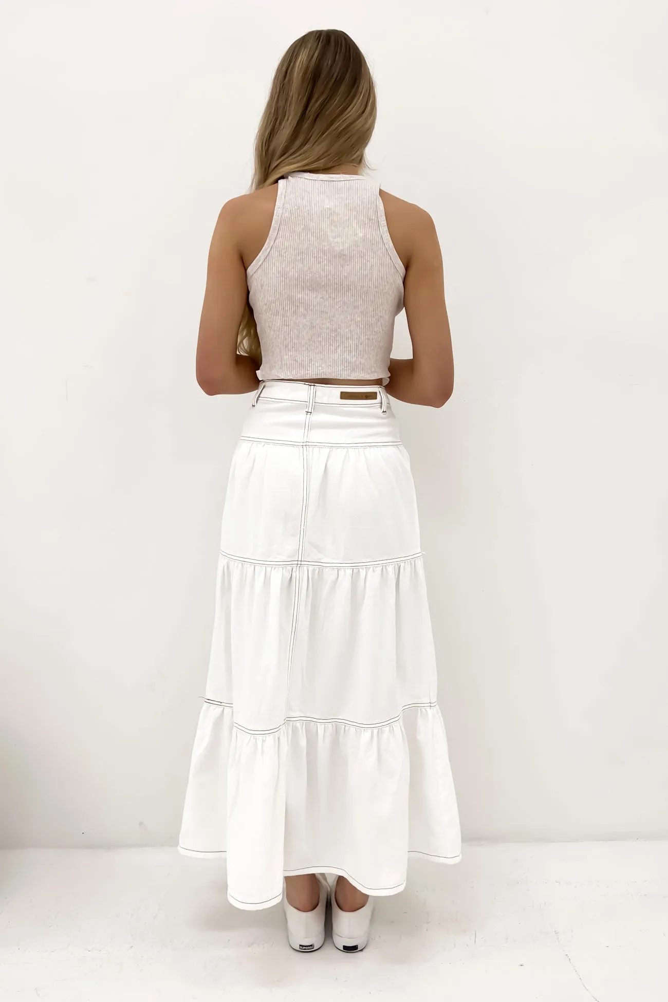 Luxury Feel Family Celebration Leela Denim Midi Skirt White