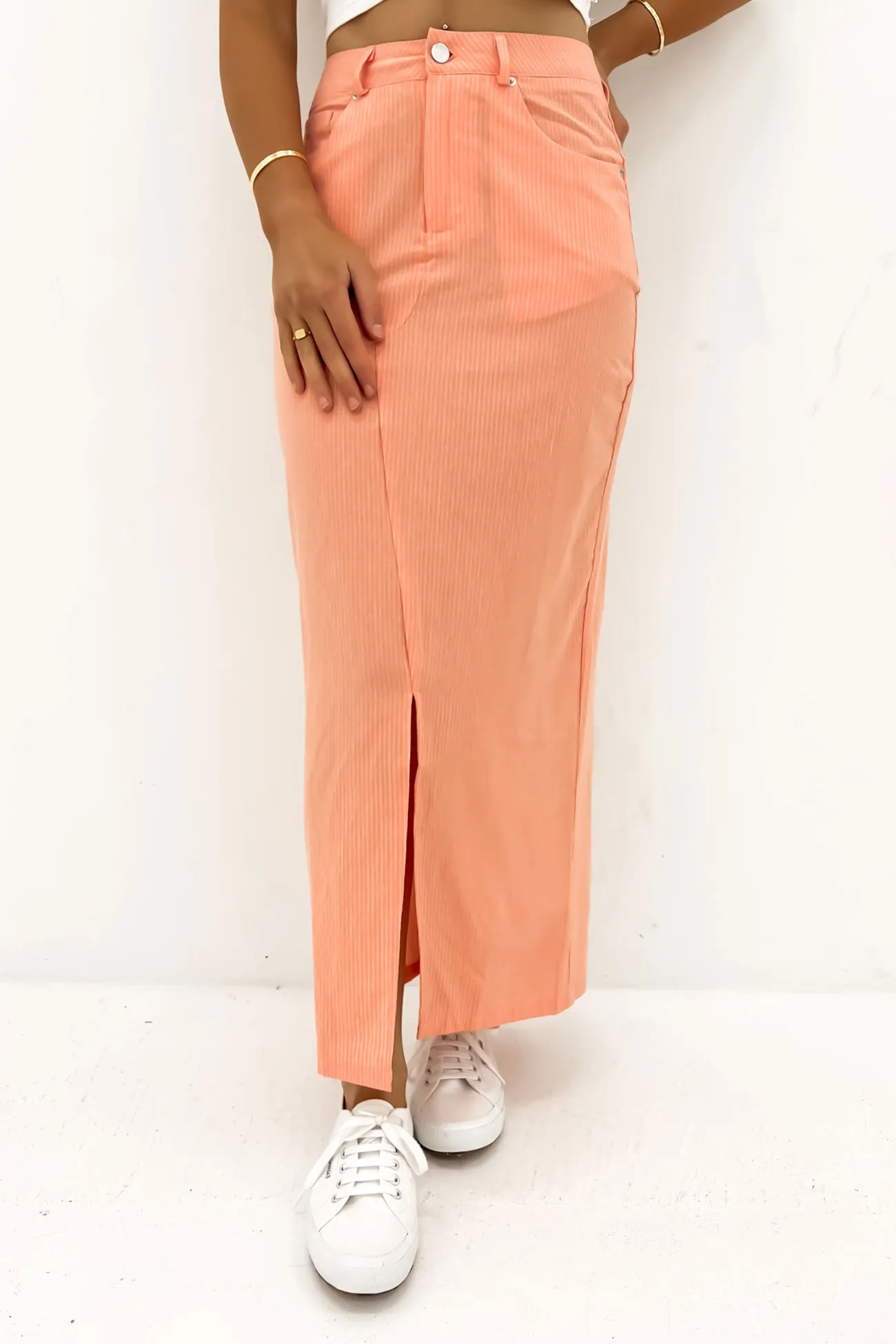 Maternity Friendly Liberty Maxi Skirt Neon Peach White Stripe