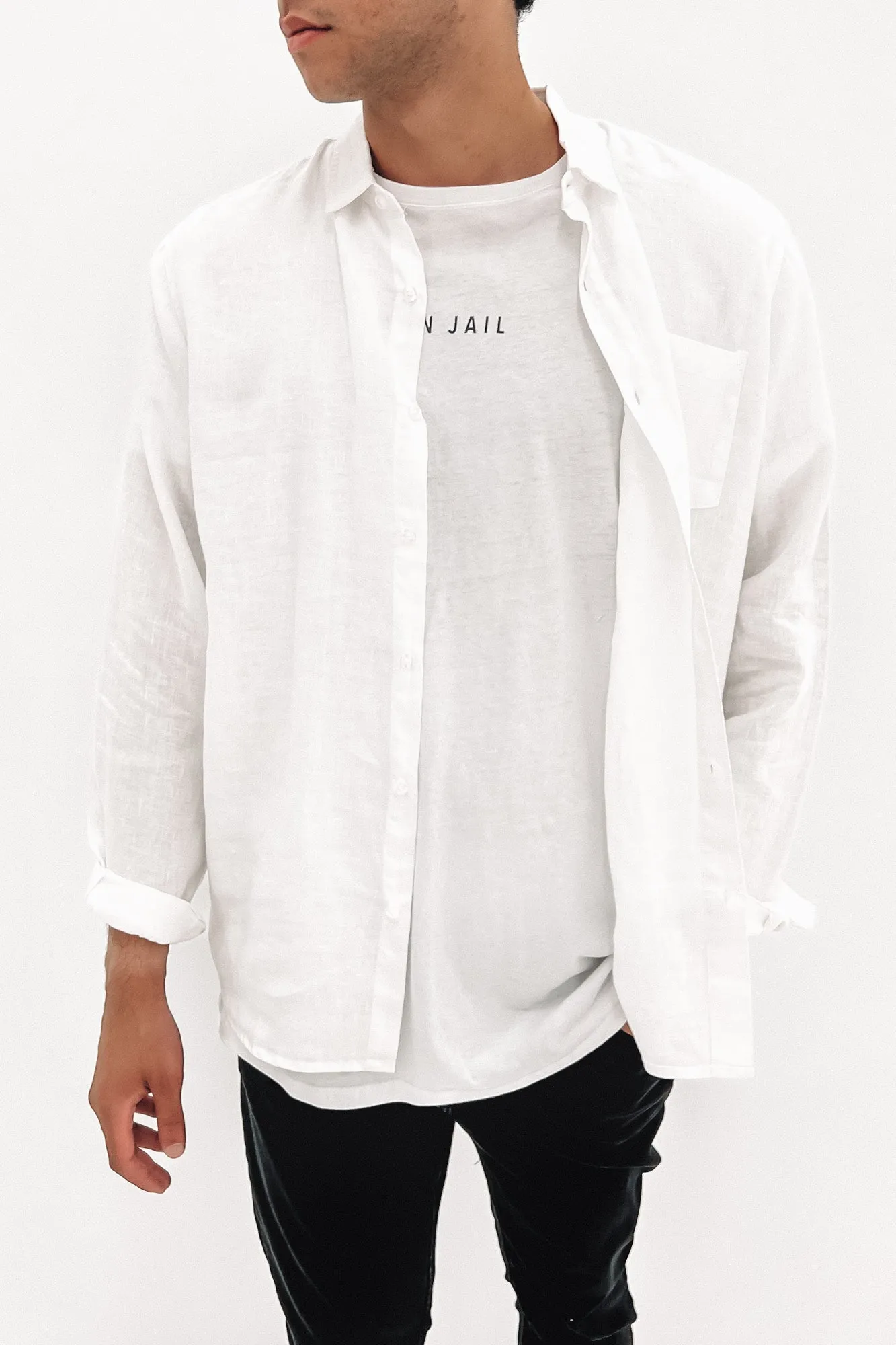 Linen Long Sleeve Shirt White Durable Stitching