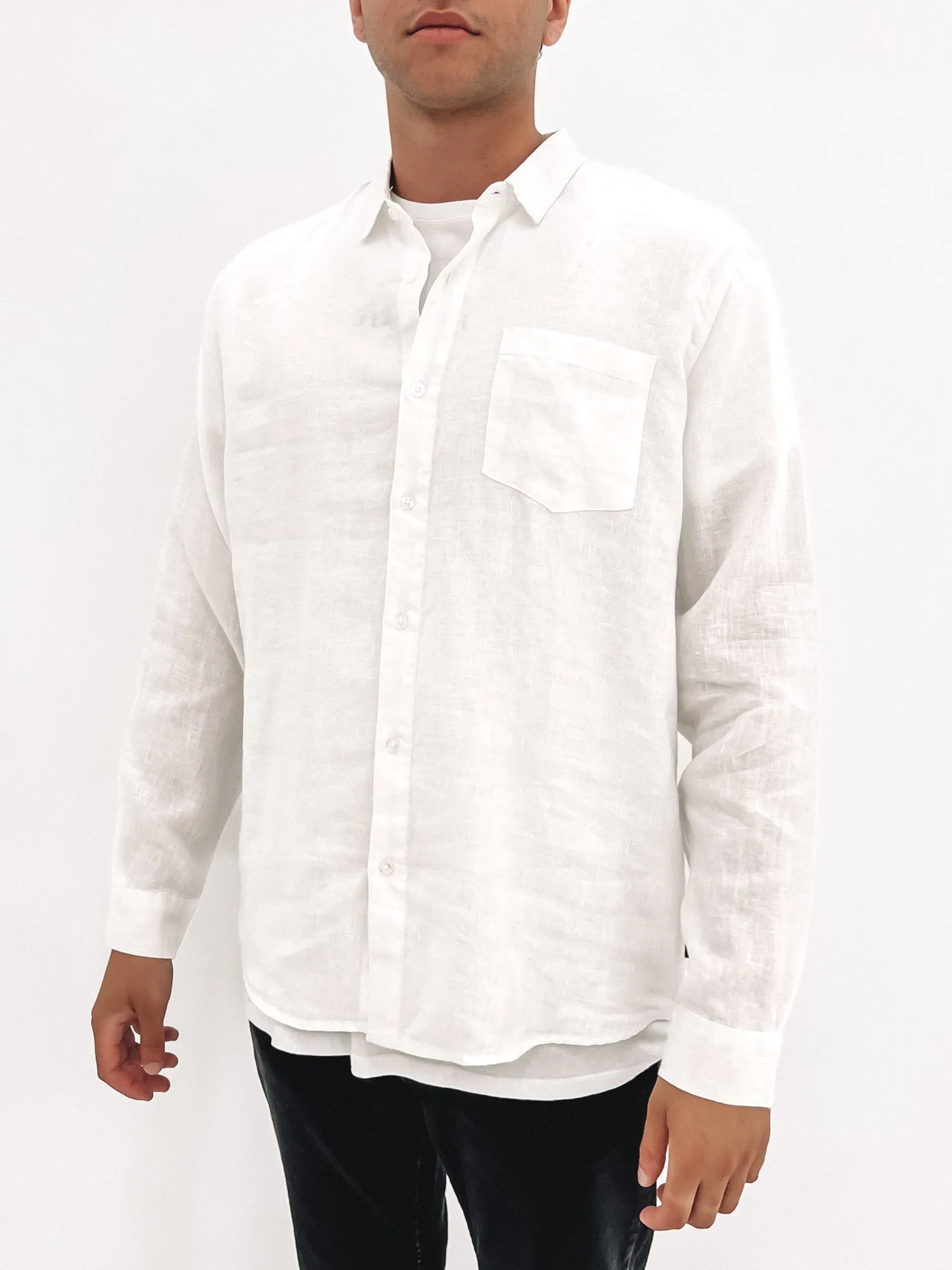 Linen Long Sleeve Shirt White Ergonomic Back Panel