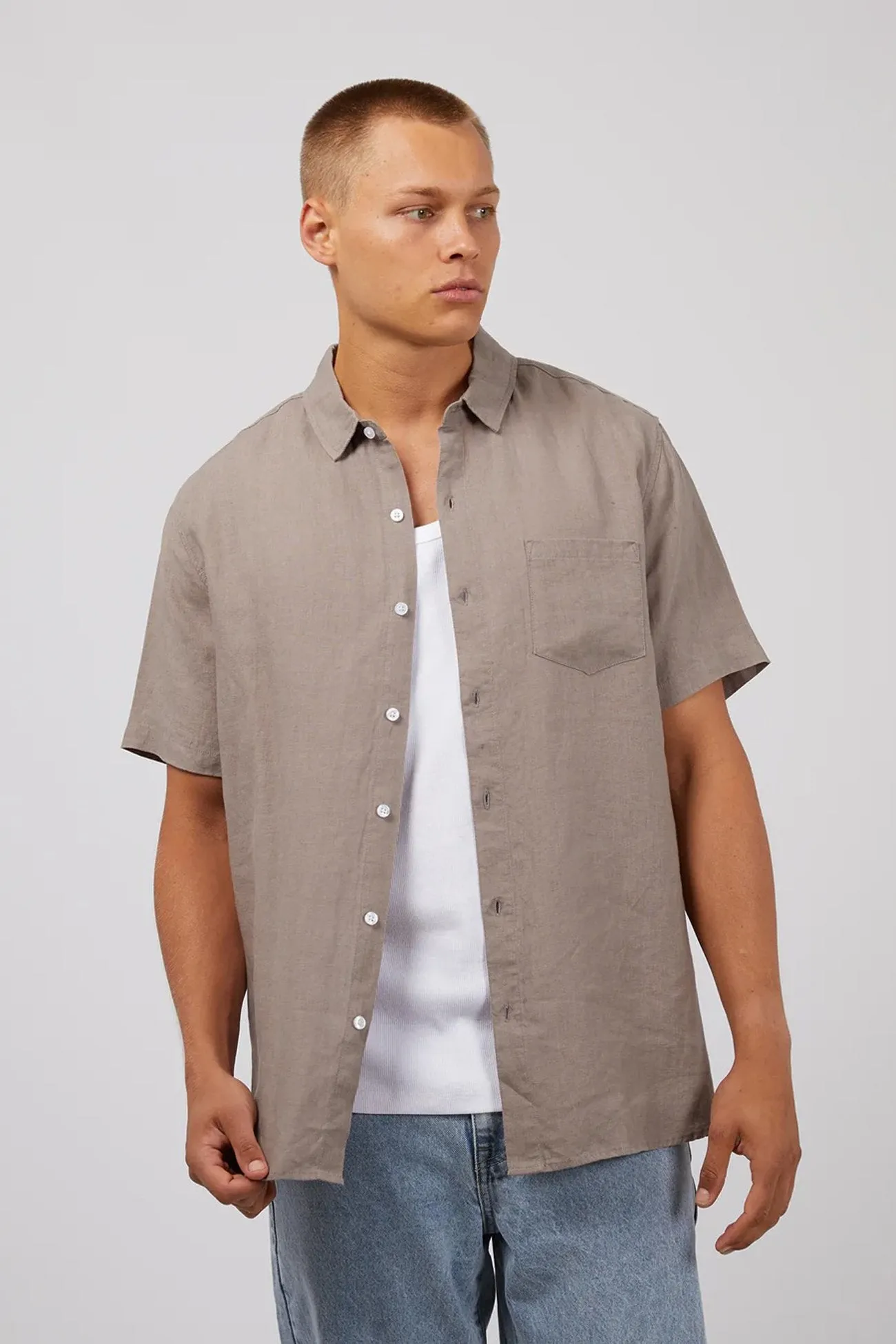Linen Short Sleeve Shirt Mushroom Easy Styling Layered Design