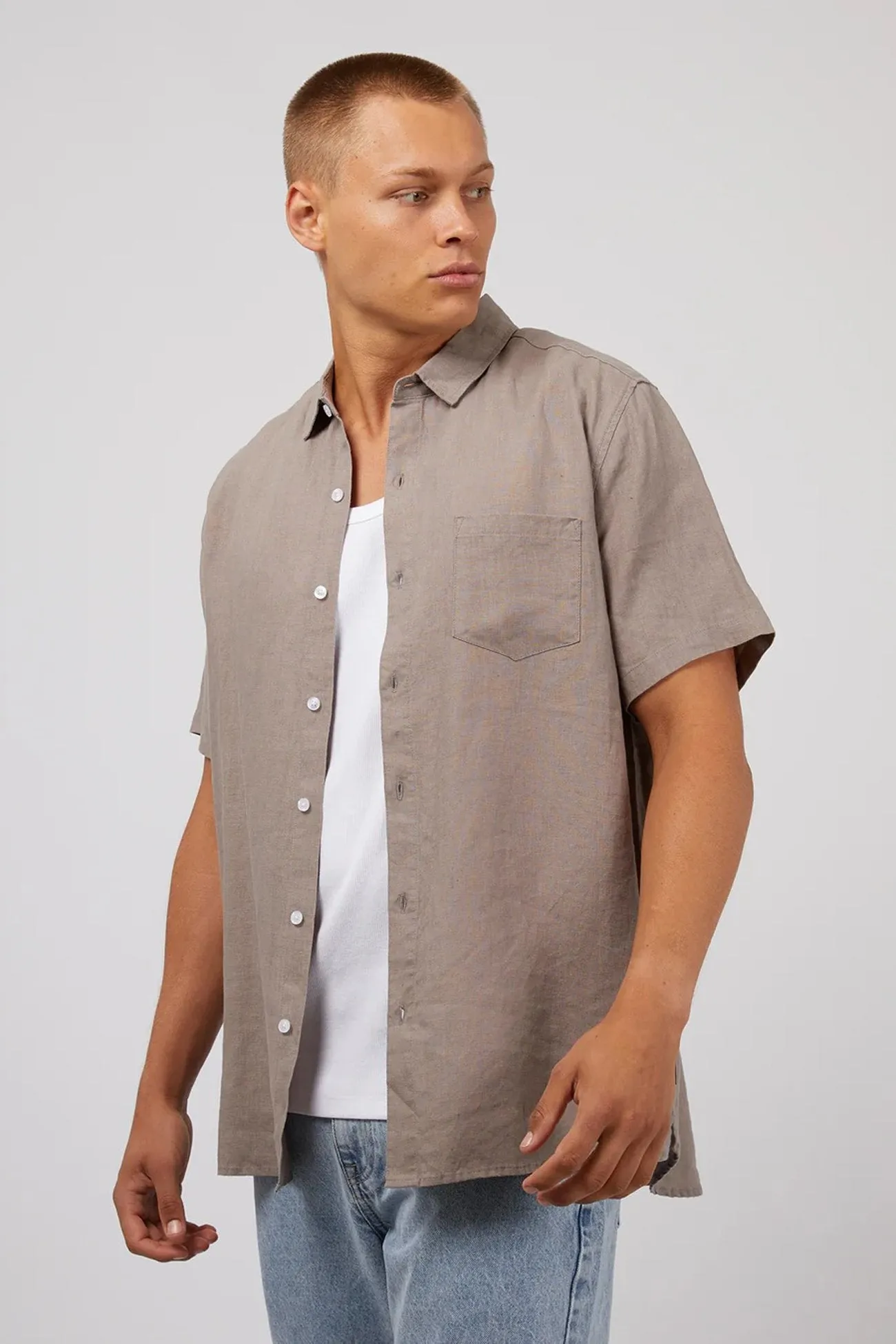 Linen Short Sleeve Shirt Mushroom crew neck