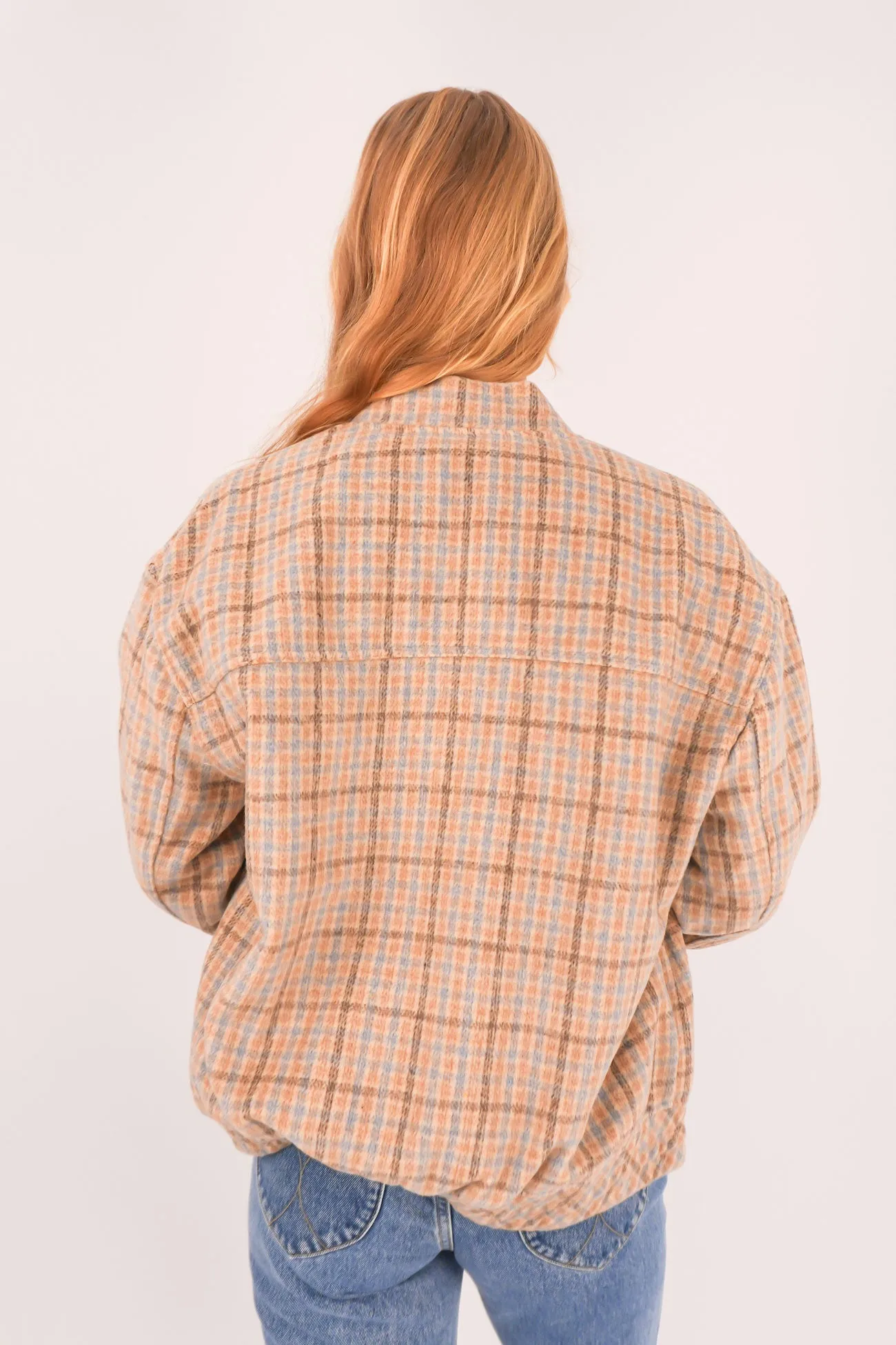Luca Oversized Check Bomber Jacket Blue Soft Texture