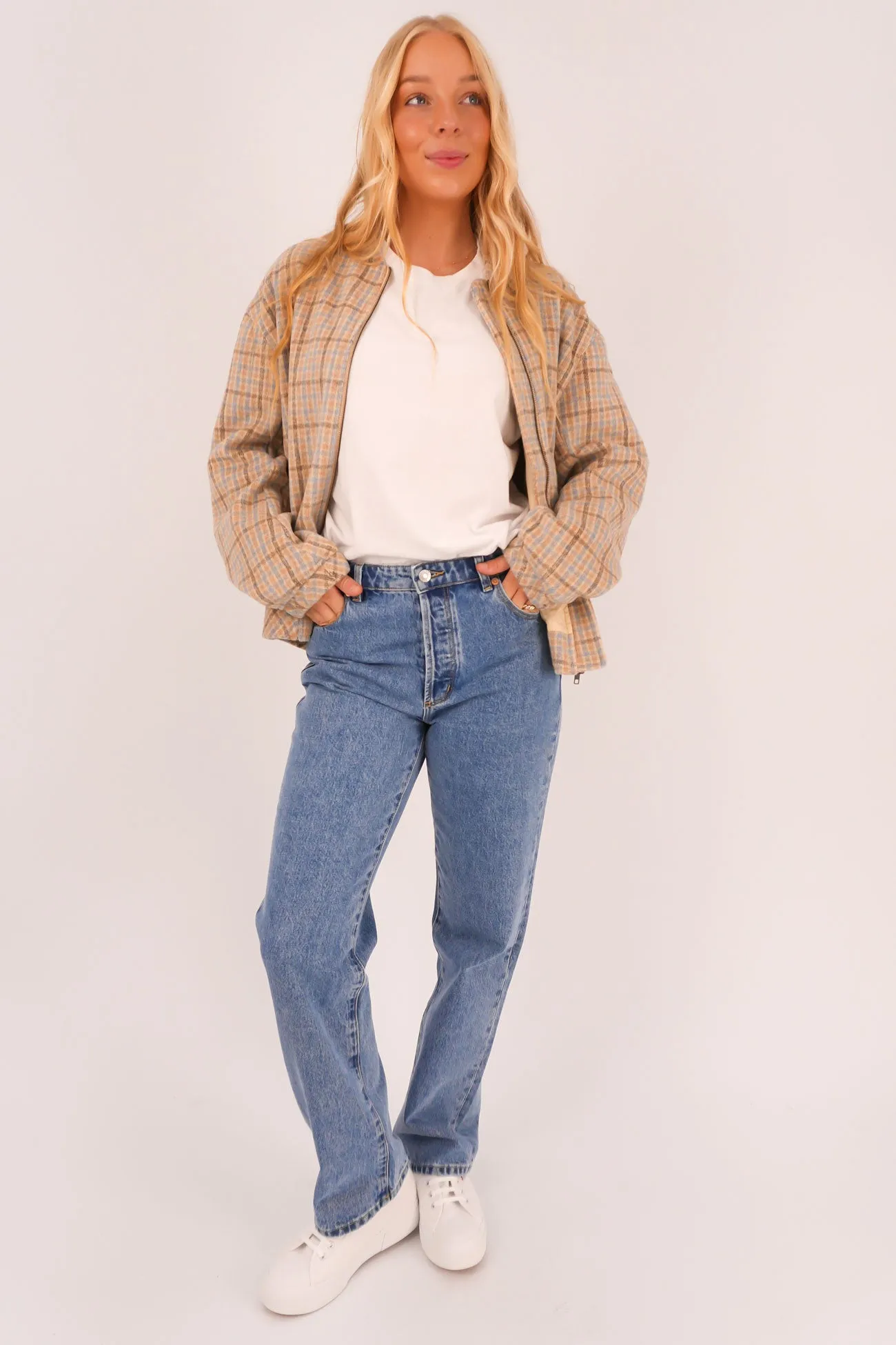 Adjustable Waistband Luca Oversized Check Bomber Jacket Blue