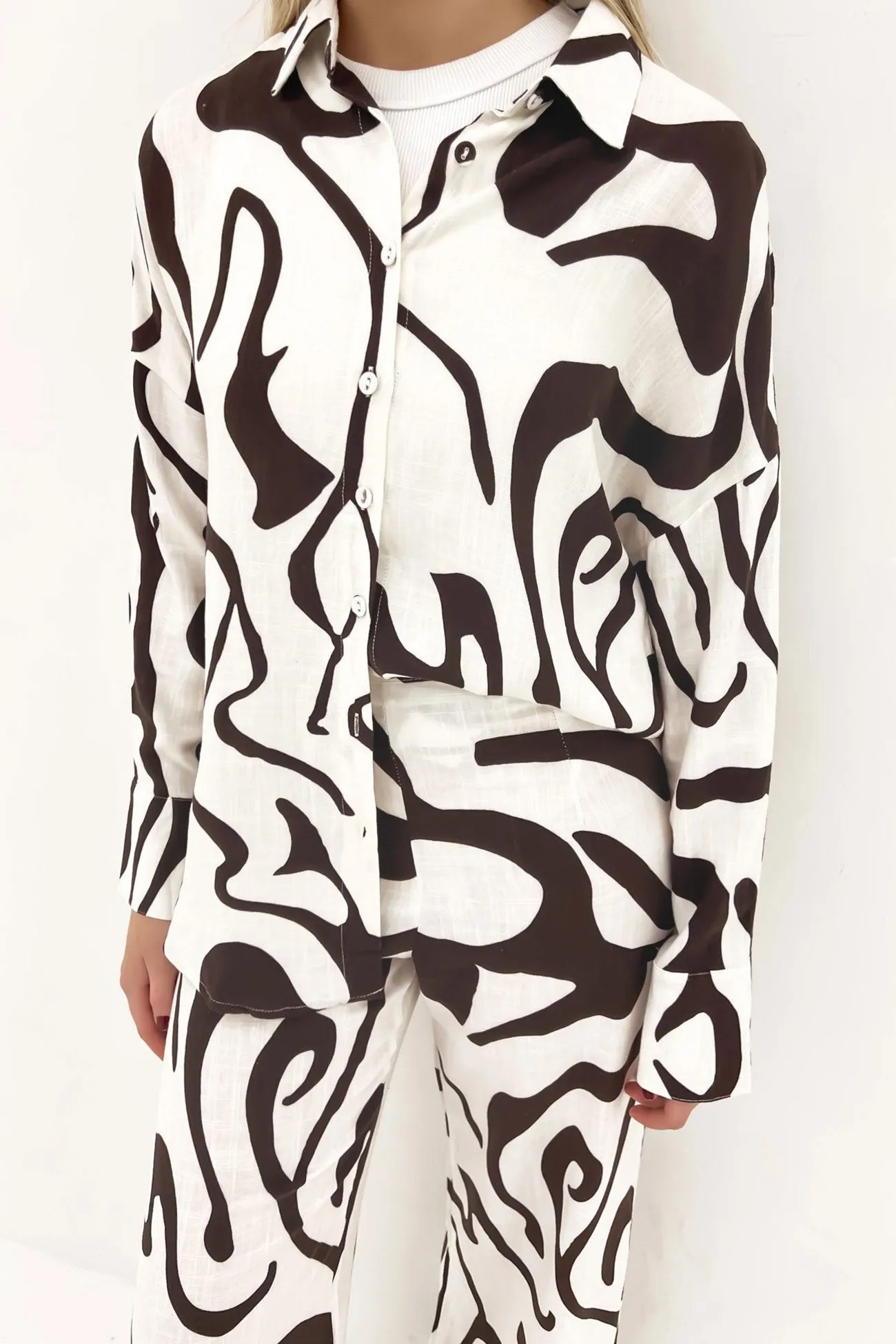 Lulu Shirt Brown Elise Snag Resistant Fabric Geometric Design