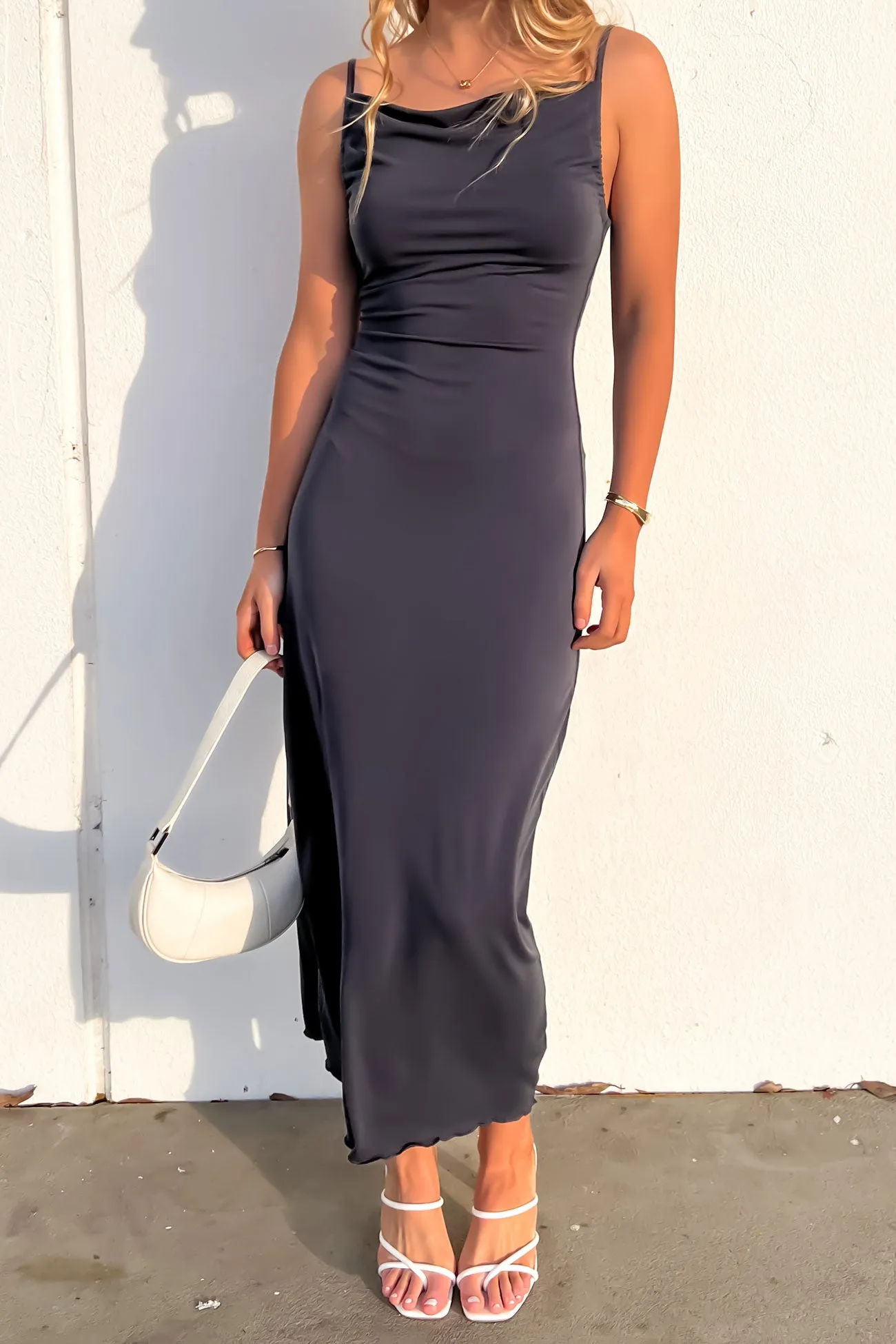 Luxe Cowl Neck Maxi Dress Steel Date Vibe Airy Fabric