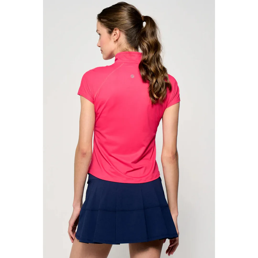Luxurious Feel Lija Women's The One To Beat Sly Zip Mock - Pink Raspberry Cutwork Details Short Sleeve