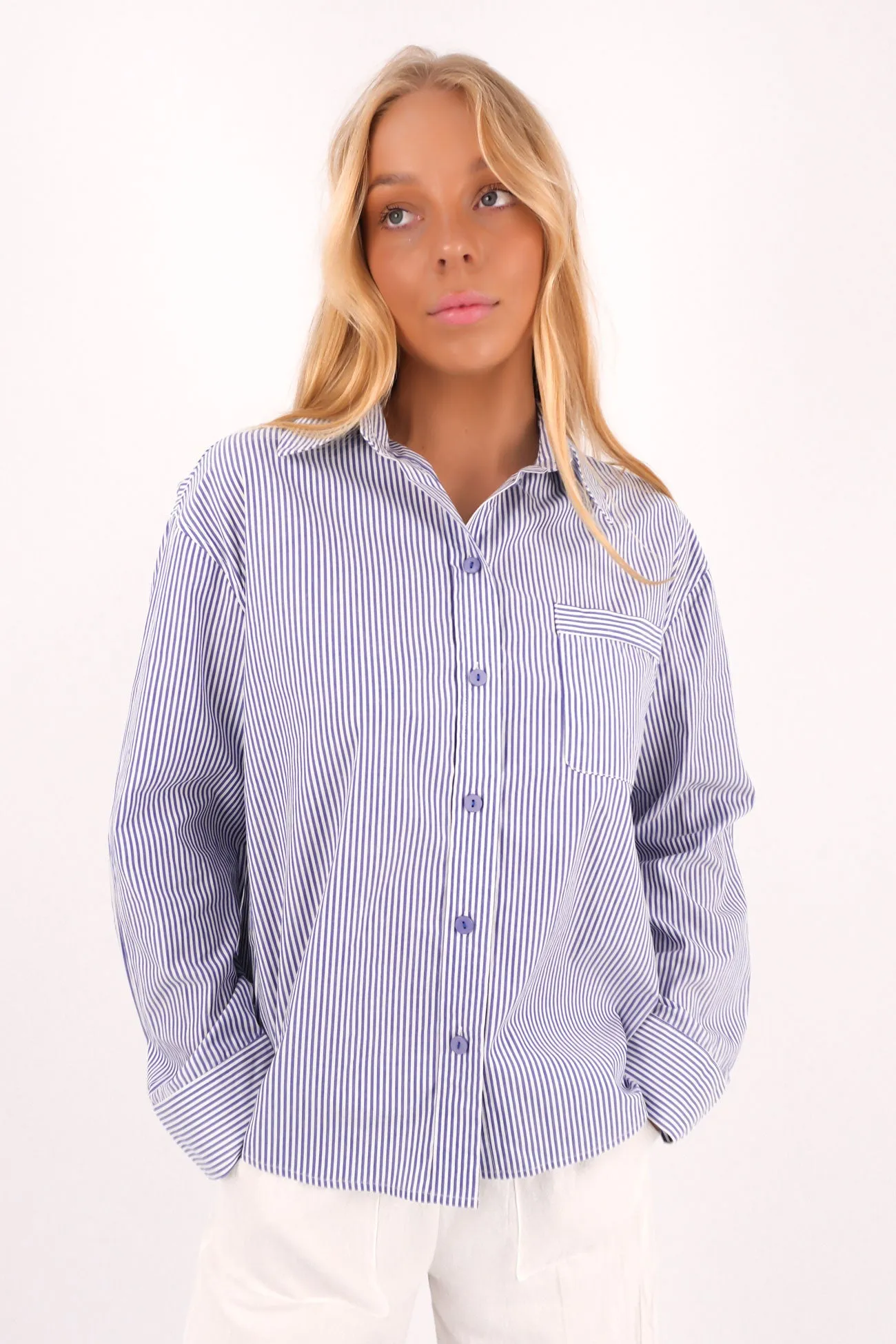 Lydia Shirt Blue Stripe Flexible Mobility Solid Hue
