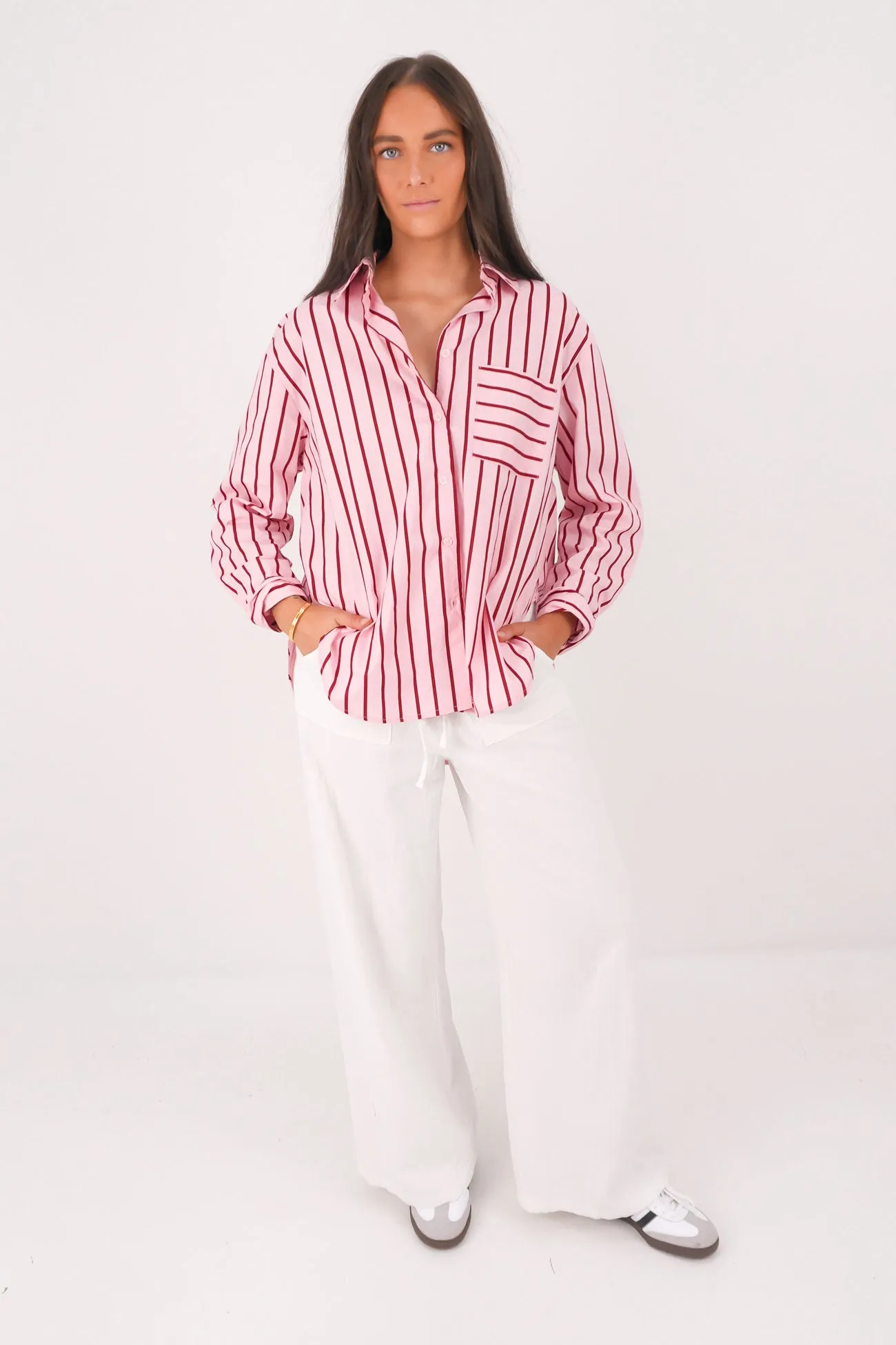 V-Neck Sustainable Manufacturing Process Lynton Shirt Red Stripe