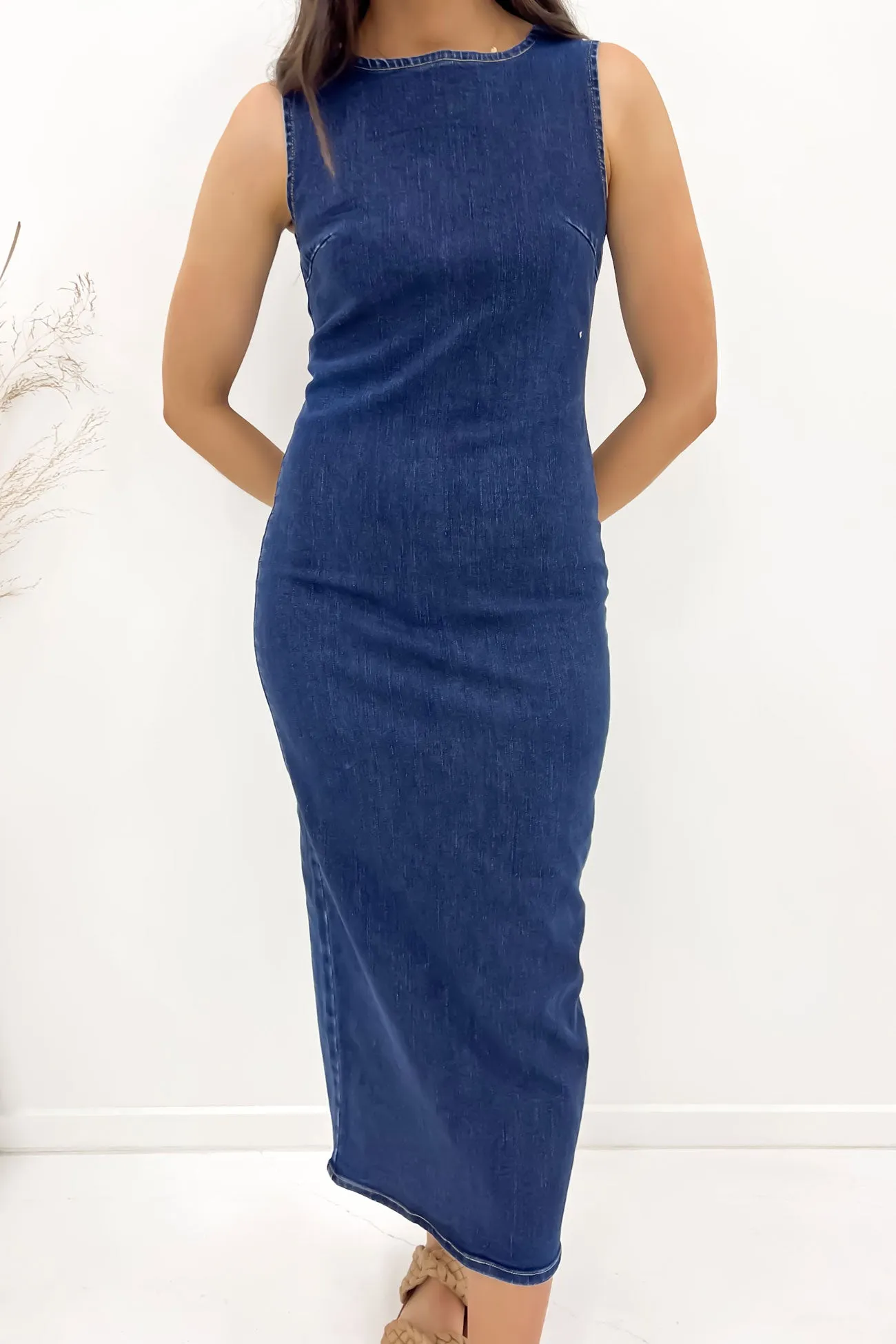 Pastel Sky Elegant Motion Maiya Denim Midi Dress Indigo