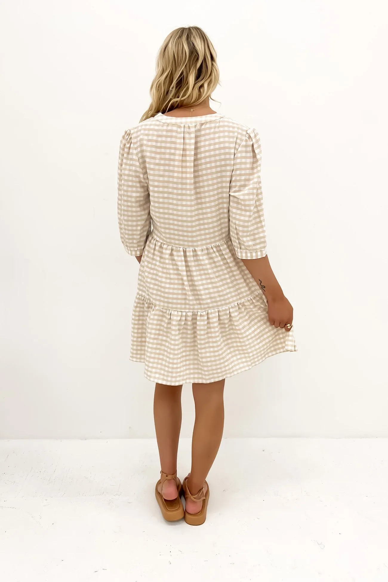 Mallory Mini Dress Latte Gingham QuickDryTechnology Calm Grace