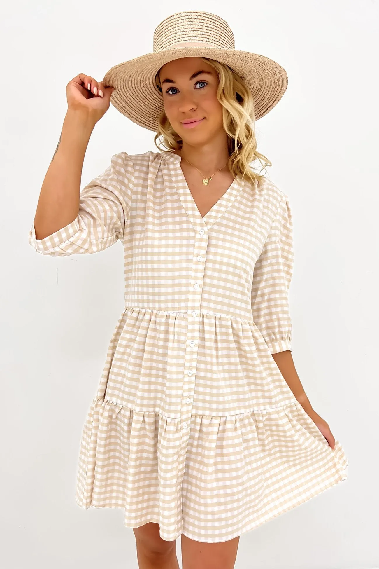 Gemstone-Detail Lightweight-Layer Mallory Mini Dress Latte Gingham