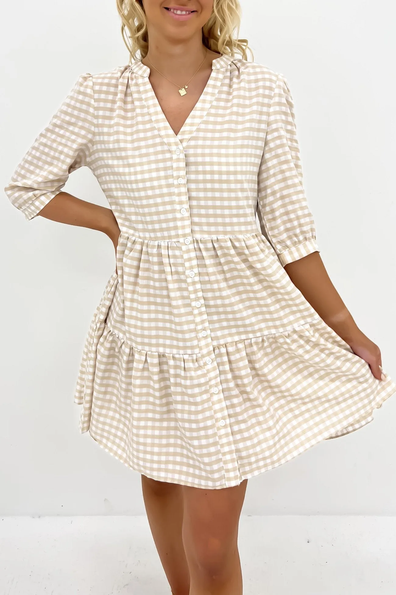 Work Mood Mallory Mini Dress Latte Gingham