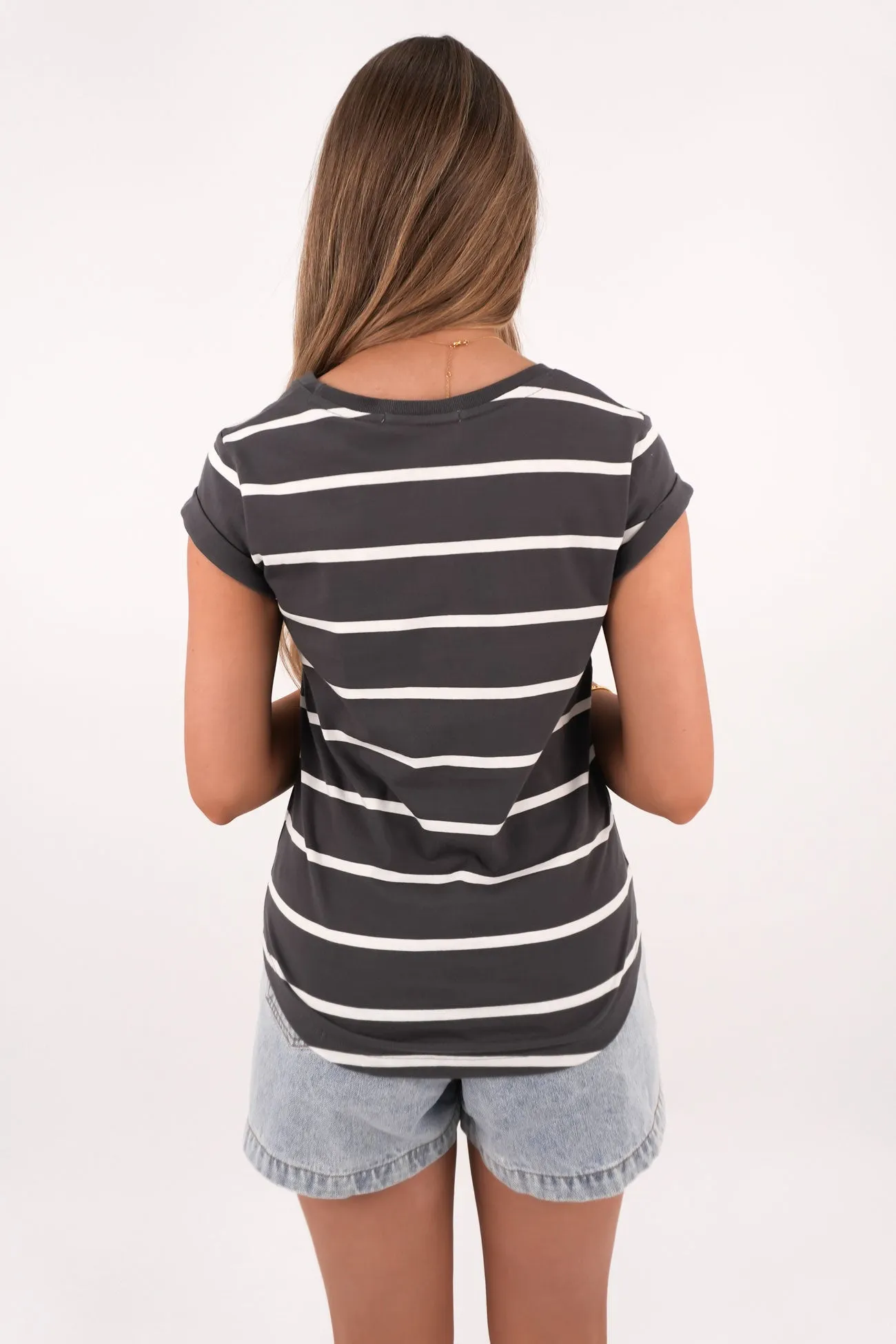 Manly Stripe Tee Charcoal White Yarn Dyed Fabric FlexibleKnit