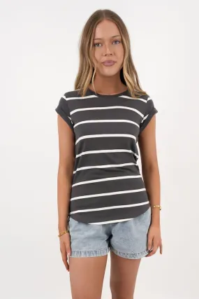 Relaxed fit style Manly Stripe Tee Charcoal White