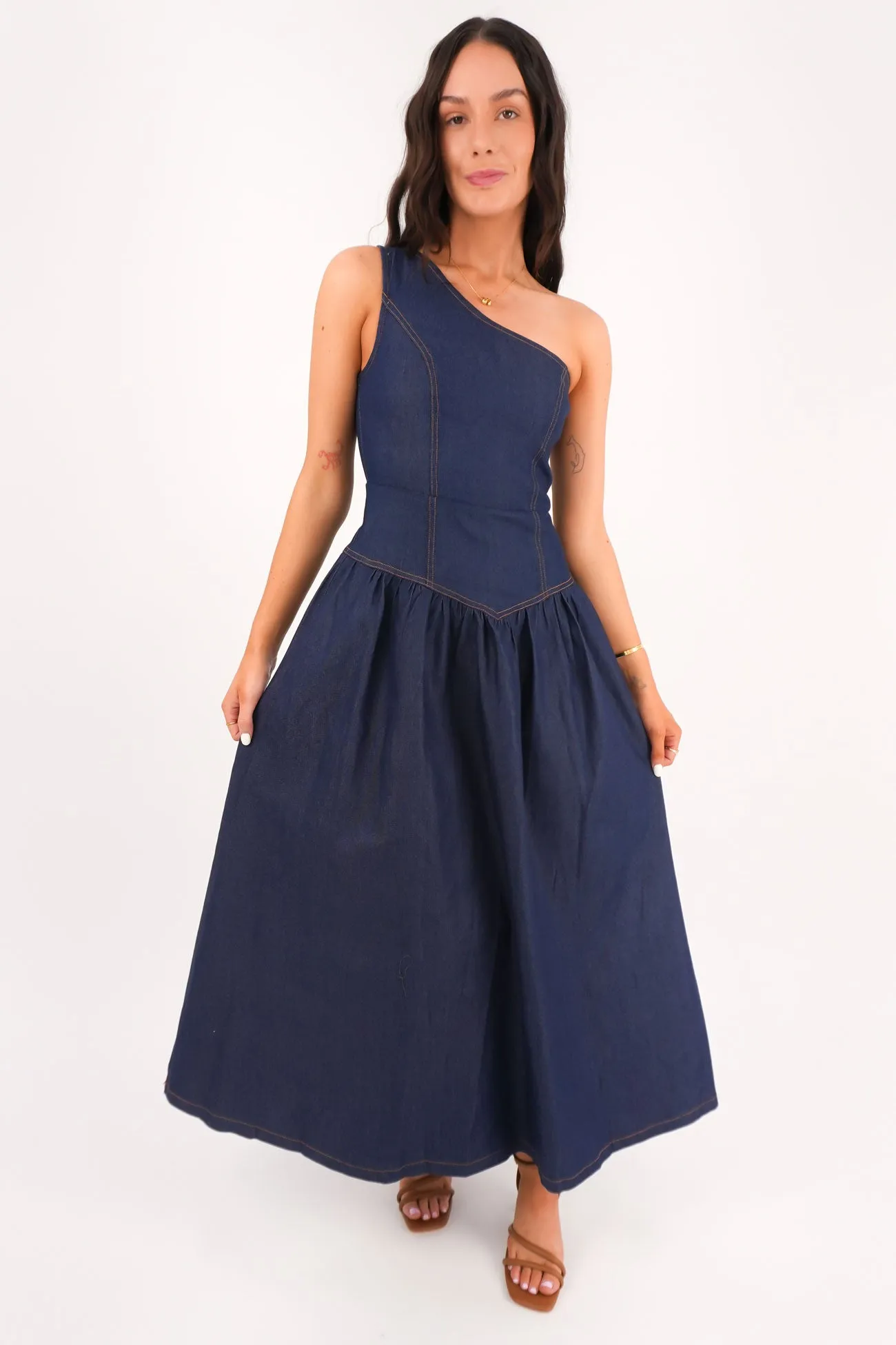 LayeredHemline Sustainable-Lining Mario Denim Midi Dress Dark Blue