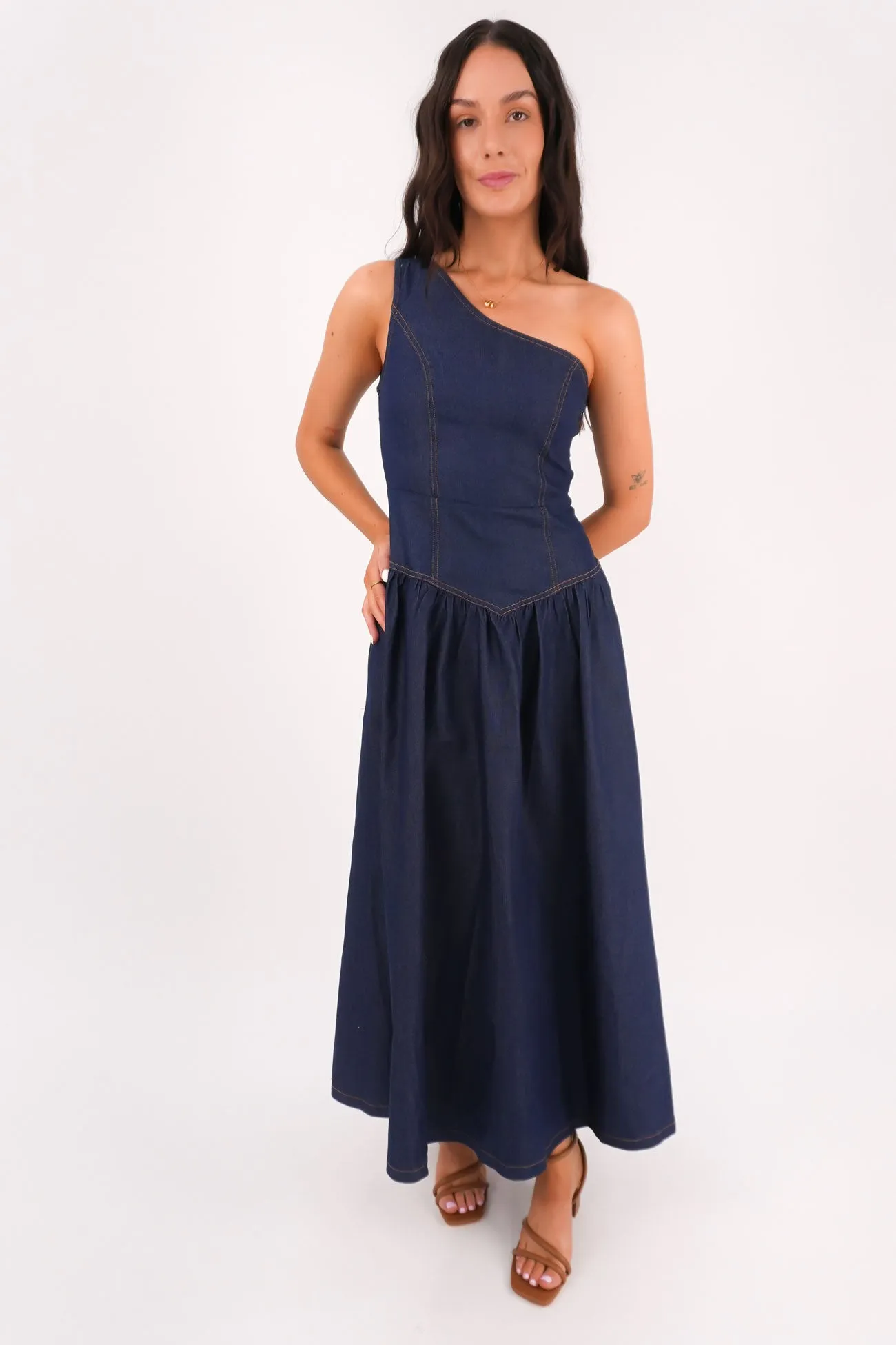 Mario Denim Midi Dress Dark Blue Elegant Finish TemperatureRegulatingFabric