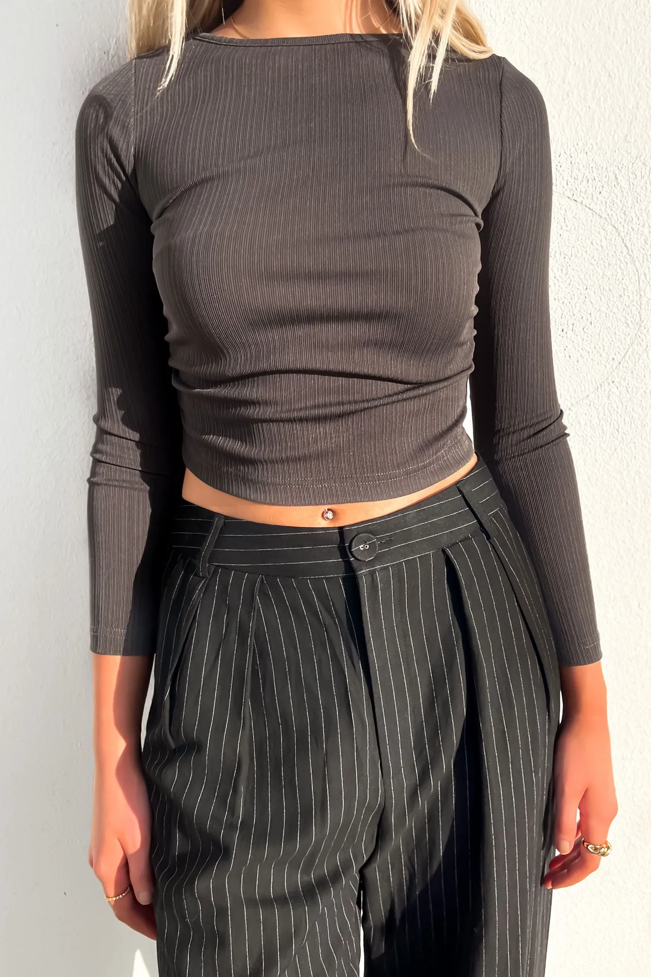 Mikaela Long Sleeve Charcoal Striped