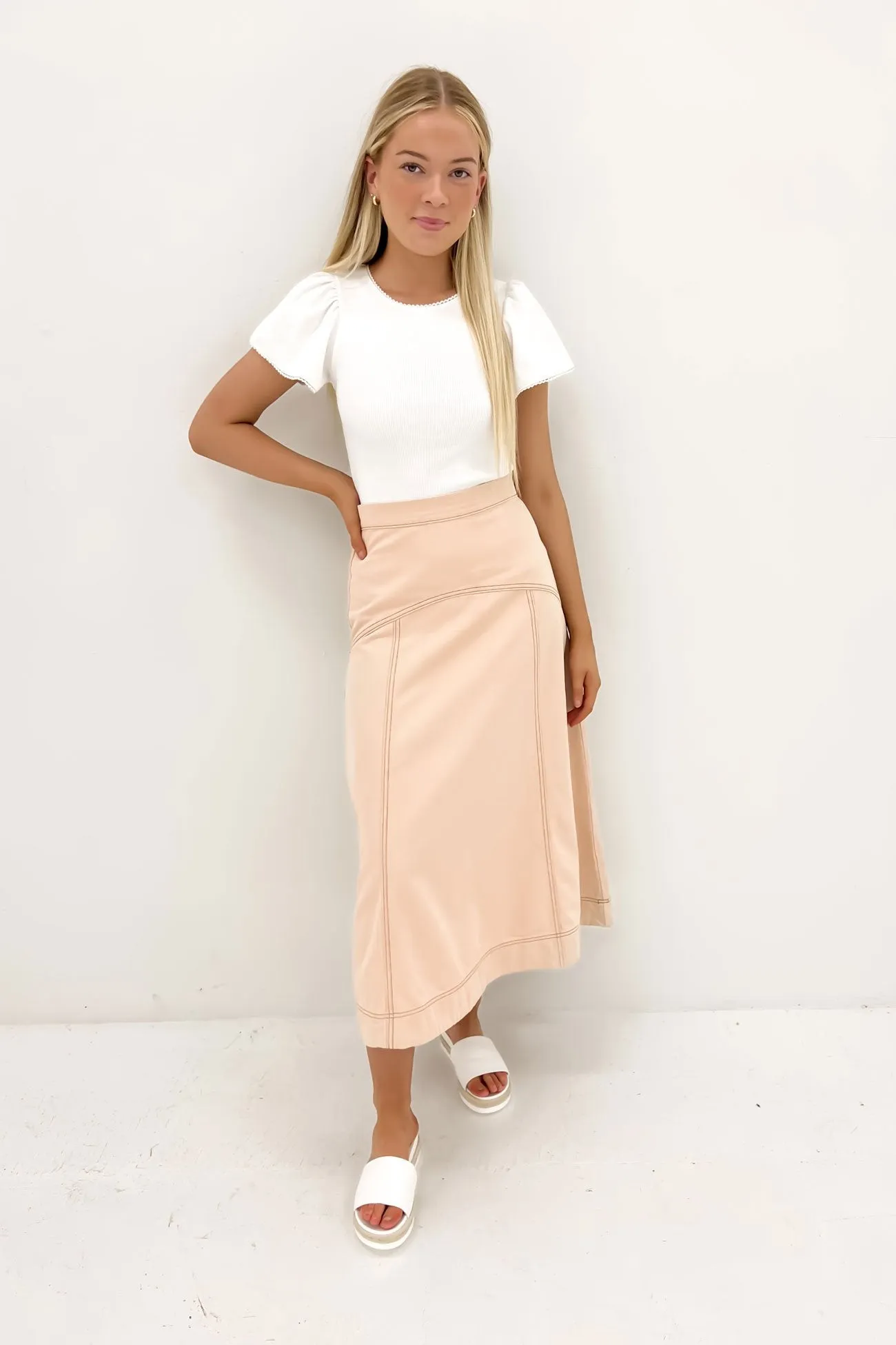 Romantic Vibe Crisp Fit Mikayla Denim Midi Skirt Sand