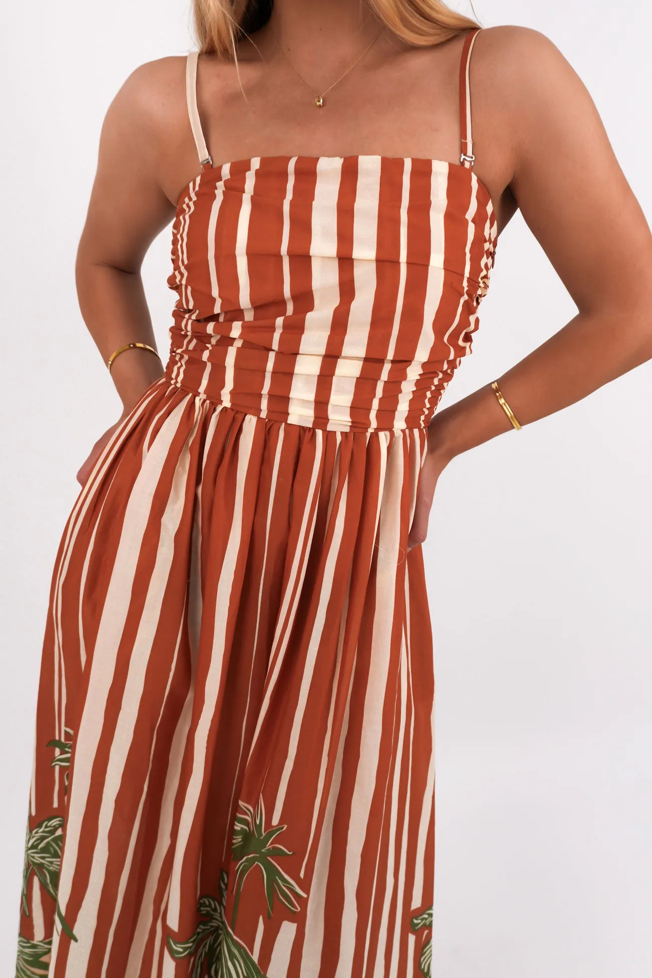 Mina Strapless Dress Palm Stripe Delicate Edge
