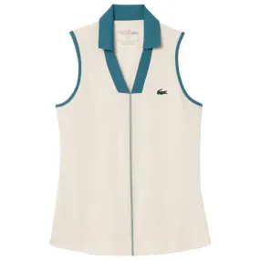 Moisture wicking Lacoste Women's Ultra Dry Sleeveless Polo - Cream White/Hydro Button Down