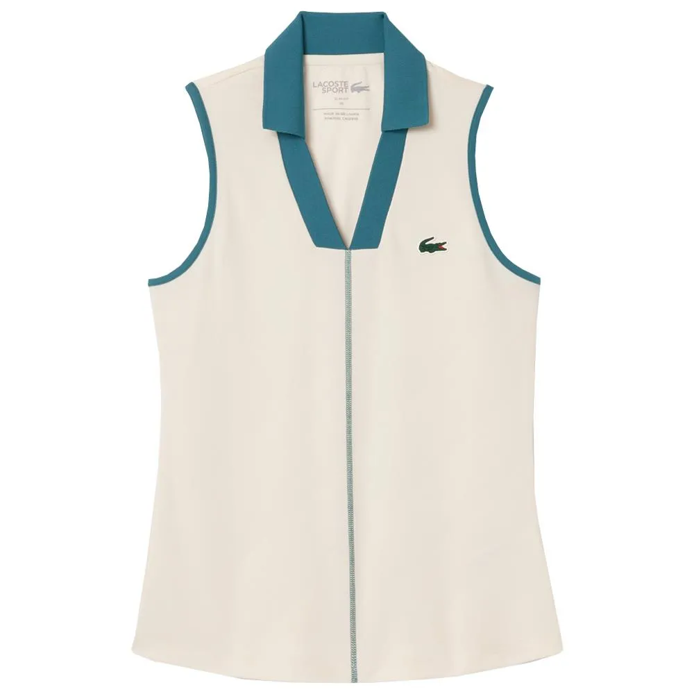 Moisture wicking Lacoste Women's Ultra Dry Sleeveless Polo - Cream White/Hydro Button Down