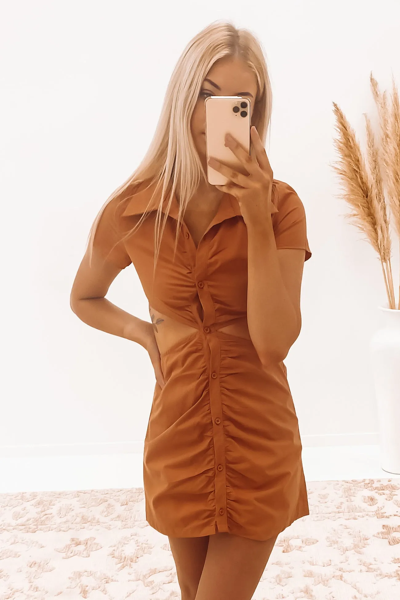 Monique Mini Dress Tan Stylish Look