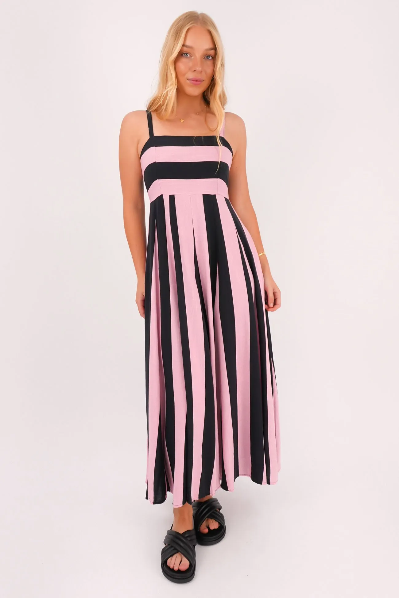 Jetta Maxi Dress Pink Stripe Timeless Beauty Weekend Look