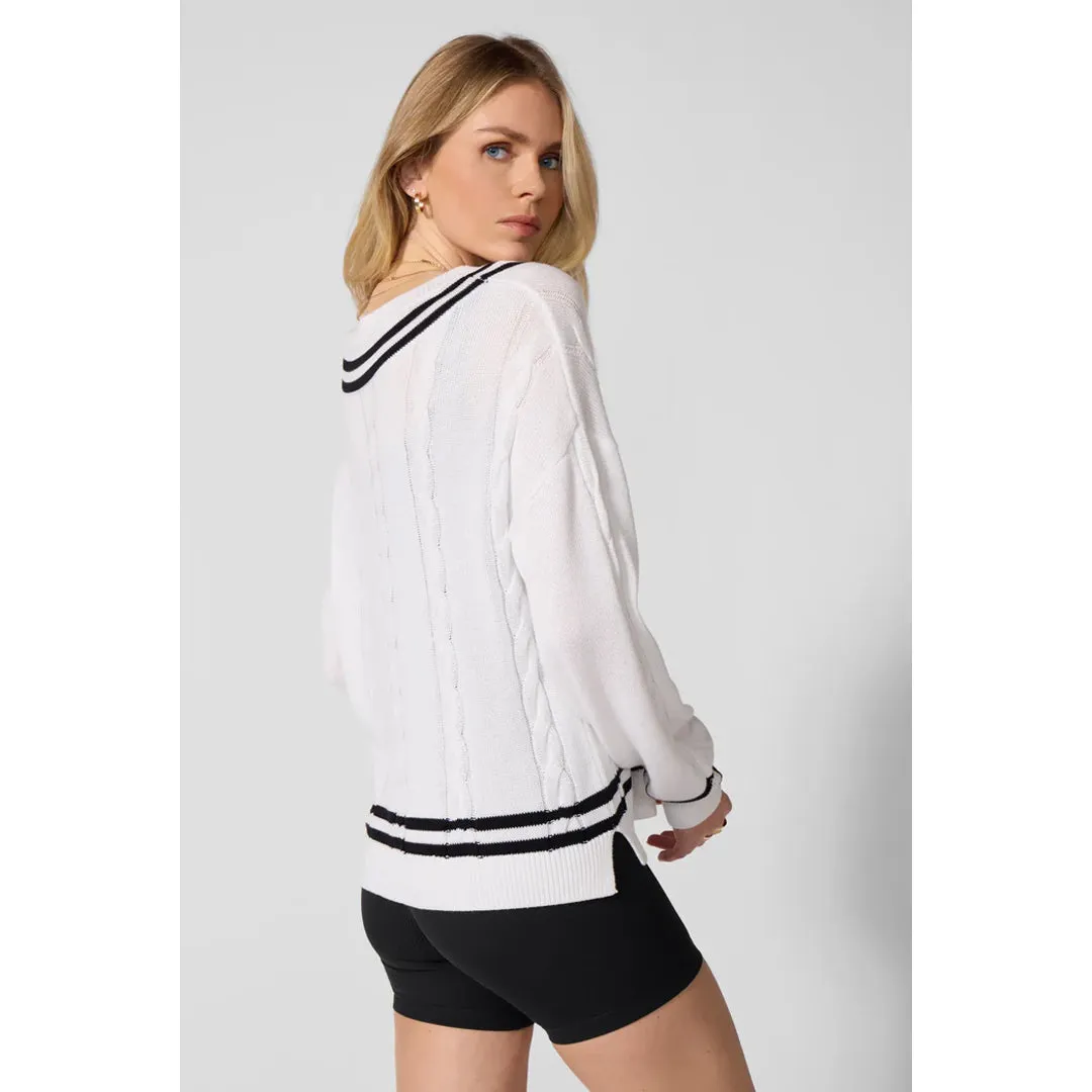 Elastic MPG Women's Club Sweater - Brilliant White/Black Cuffed Sleeves