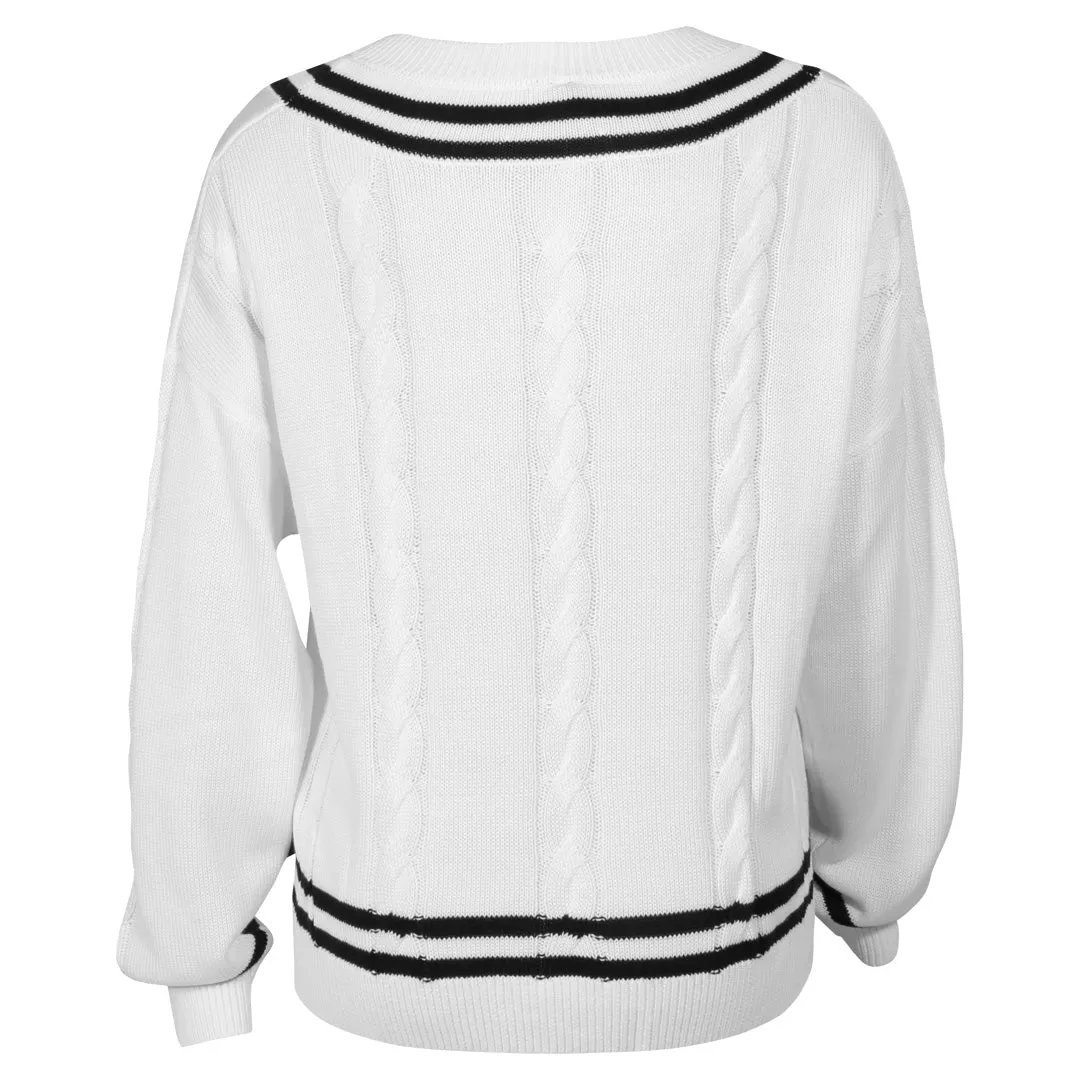 hypoallergenic Straight Cut MPG Women's Club Sweater - Brilliant White/Black Cuffed Sleeves