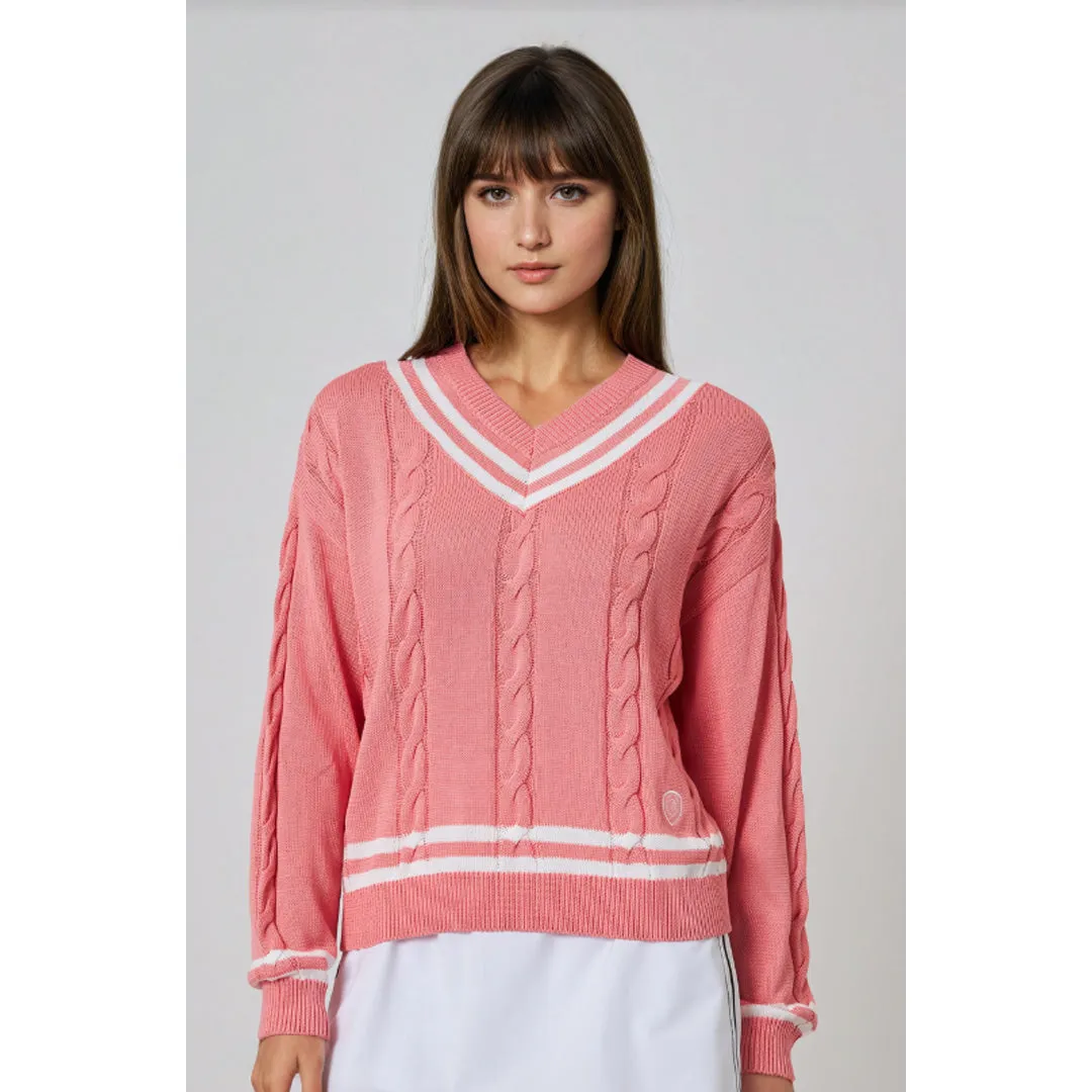 easy - care MPG Women's Club Sweater - Strawberry Ice/Brilliant White Stain Resistant