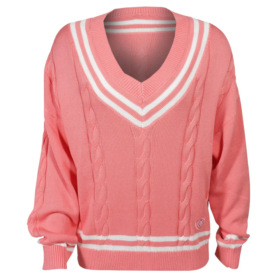 High Neck denim material MPG Women's Club Sweater - Strawberry Ice/Brilliant White Stain Resistant