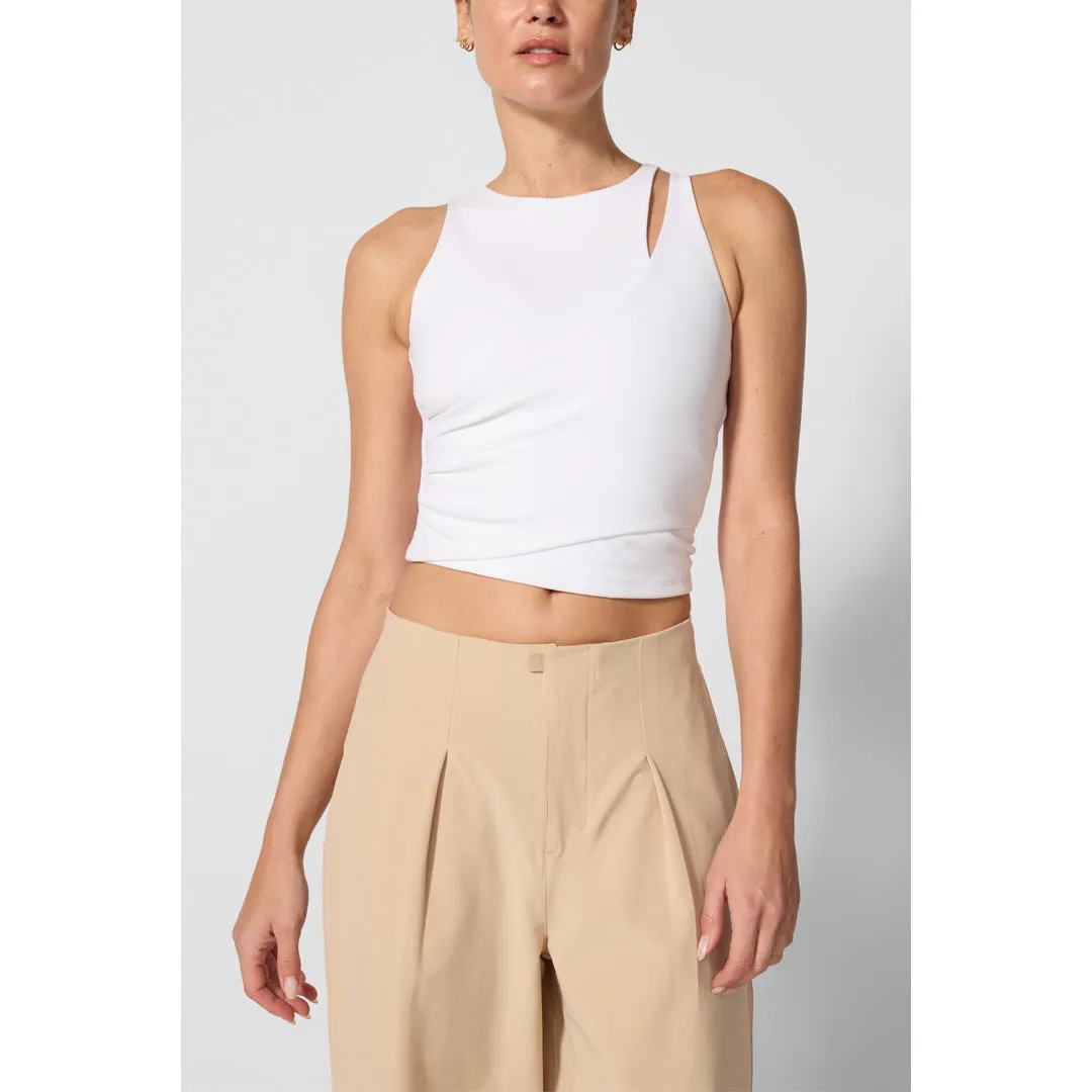 MPG Women's Velocity Crossover Tank - Brilliant White packable silk fabric