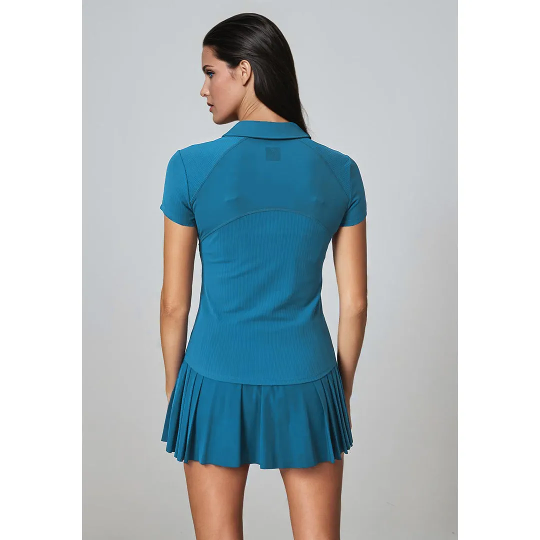 Skinny leg MPG Women's Vital Short Sleeve Polo - Moroccan Blue Ergonomic Design