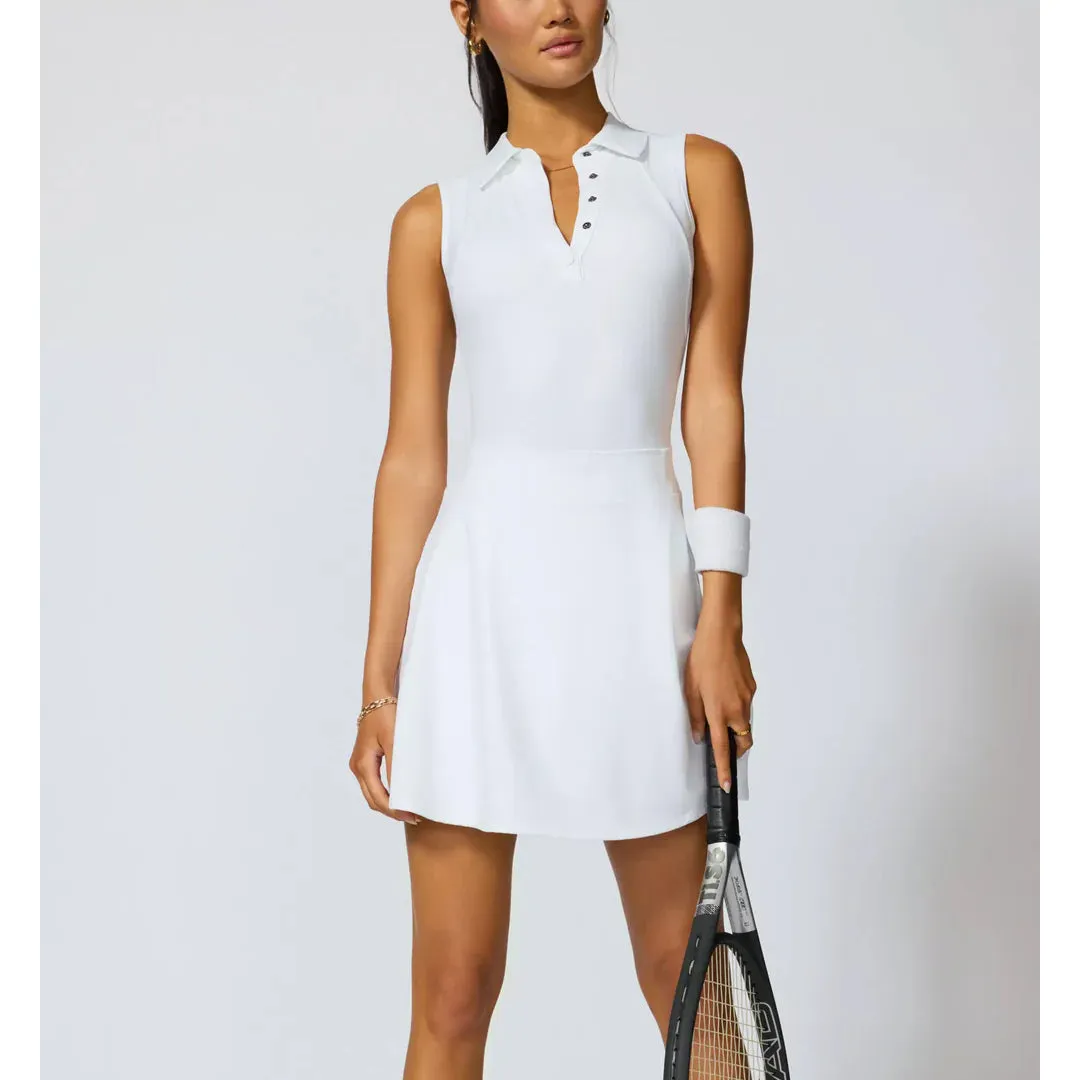 MPG Women's Vital Sleeveless Polo Dress - White Beaded accents Low-waisted