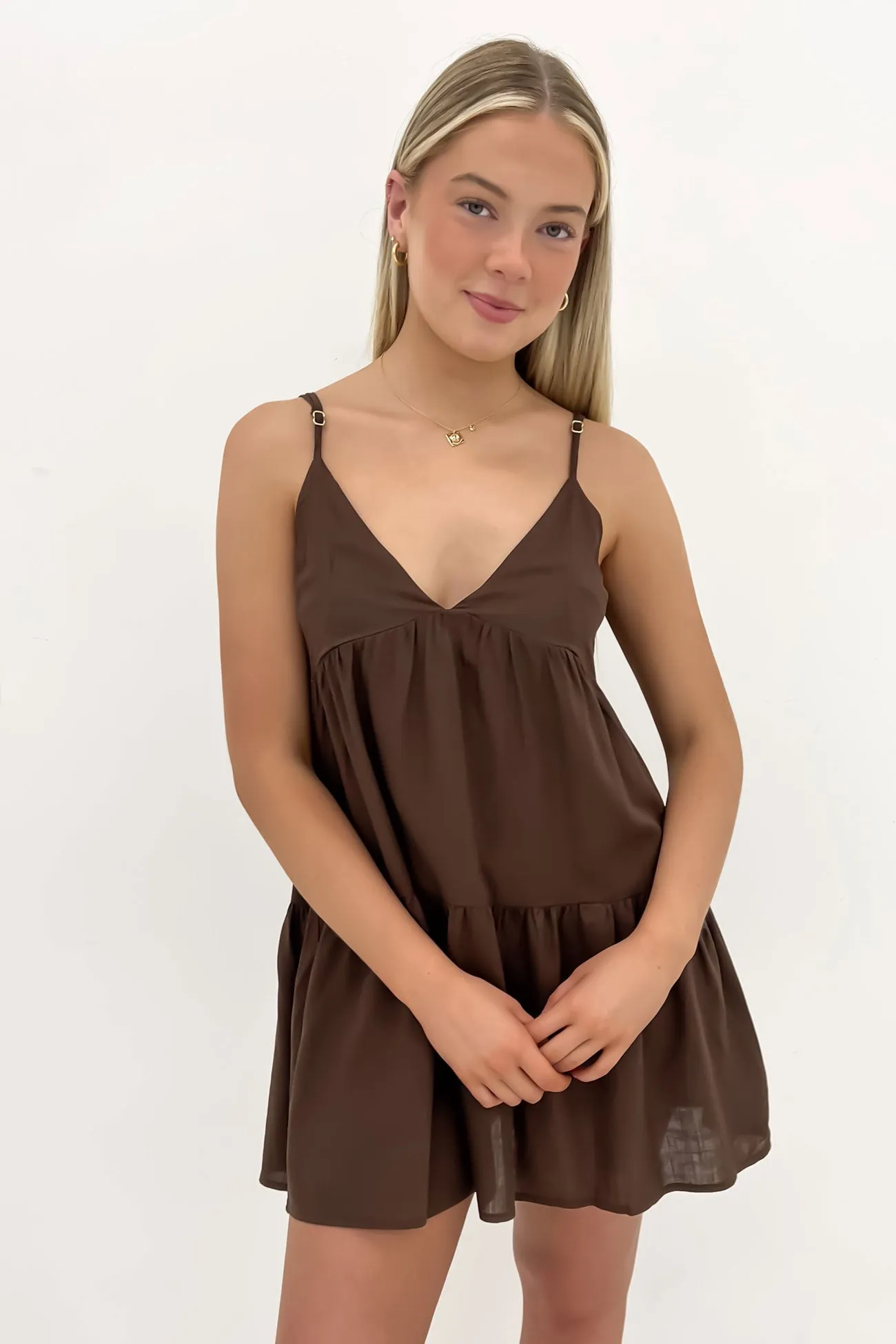 Cute Glow Relaxed Mood Classic Tiered Mini Dress Chocolate