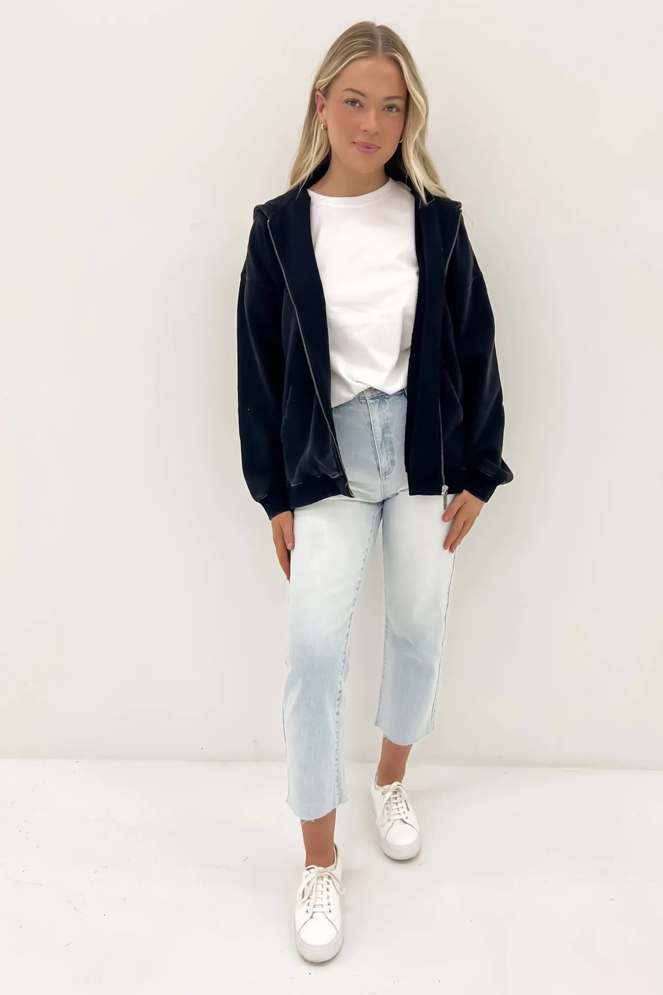 Oversized Zip Thru Hoody Washed Black Bonded Closure Mechanism