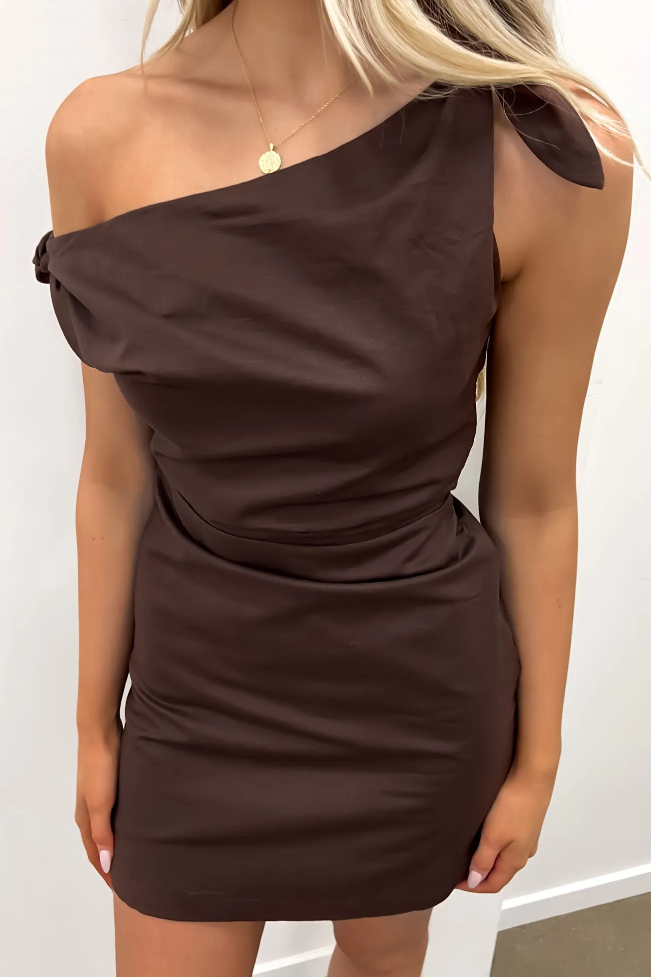 Neela Mini Dress Chocolate Shiny Zip Chic Style Wear