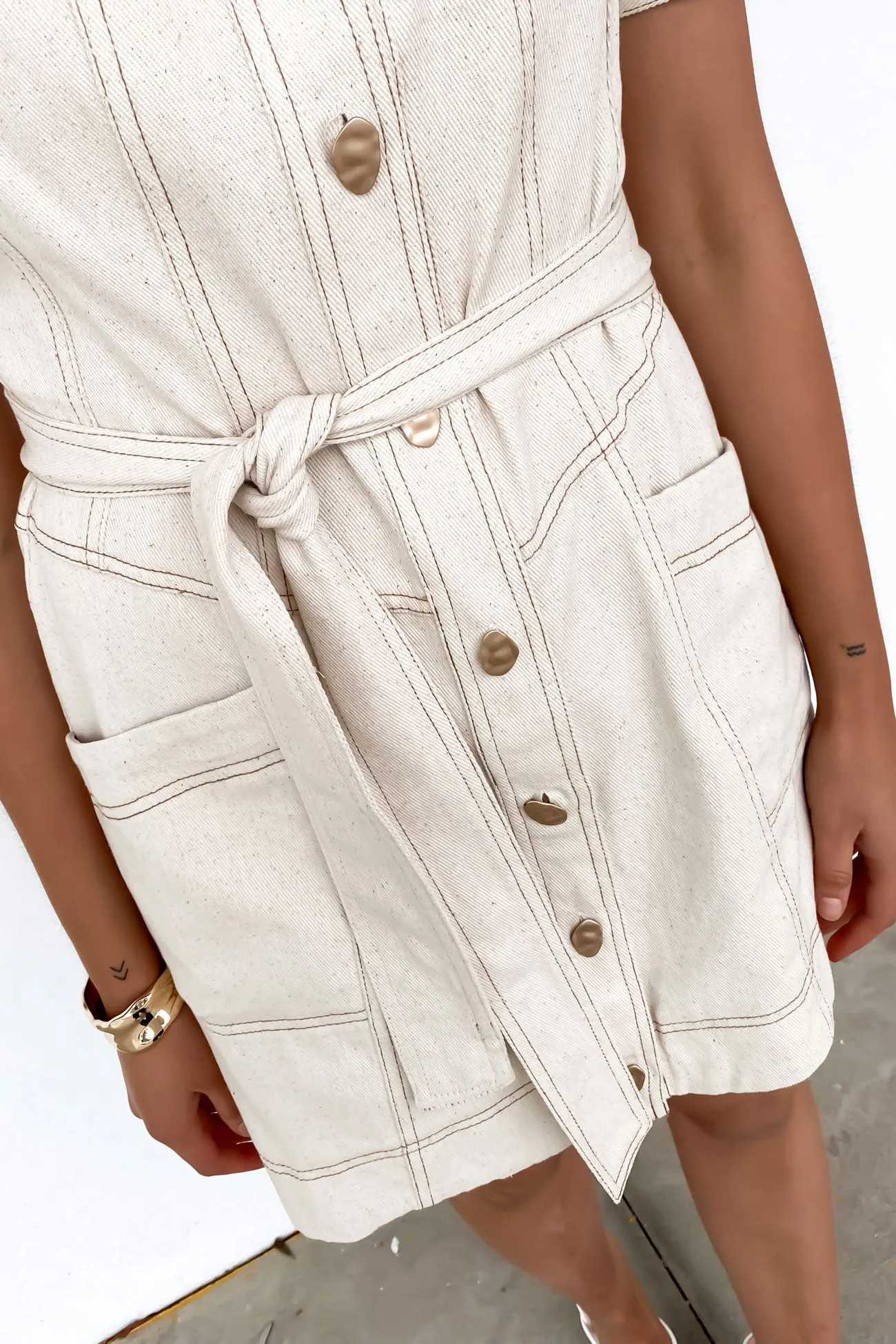 Nova Denim Mini Dress Cream Shiny Zip