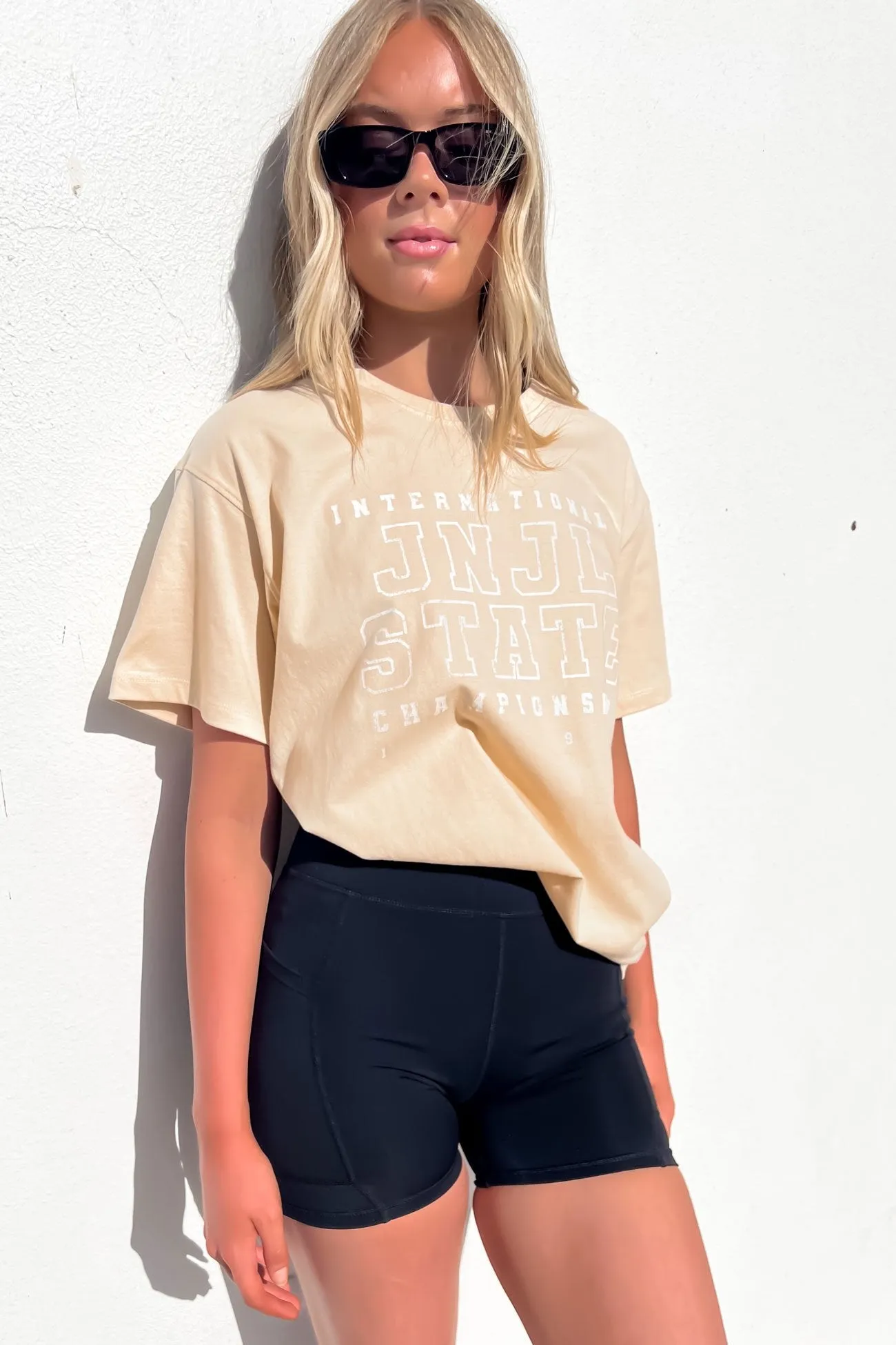 Sporty and Cool Comfy Fit State International Tee Beige